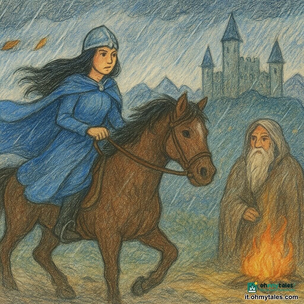 Una cavalleressa dal volto determinato, con lunghi capelli neri che fluttuano sotto un elmo d'argento, indossa un mantello azzurro che ondeggia come il cielo. È sul suo cavallo, Astar, un destriero maestoso dal manto bruno, avanzando coraggiosamente sotto una pioggia battente. Accanto a lei, un vecchio con una lunga barba bianca e un mantello polveroso si trova vicino a un piccolo fuoco, i suoi occhi brillano di saggezza, osservando la cavalleressa. Sullo sfondo, un castello imponente si erge, le sue torri quasi toccano le nuvole, mentre montagne misteriose scintillano di luci danzanti. La scena si svolge sotto un cielo tempestoso, dove il vento fa turbinare le foglie e la pioggia cade in gocce sottili, creando un'atmosfera sia drammatica che piena di speranza.