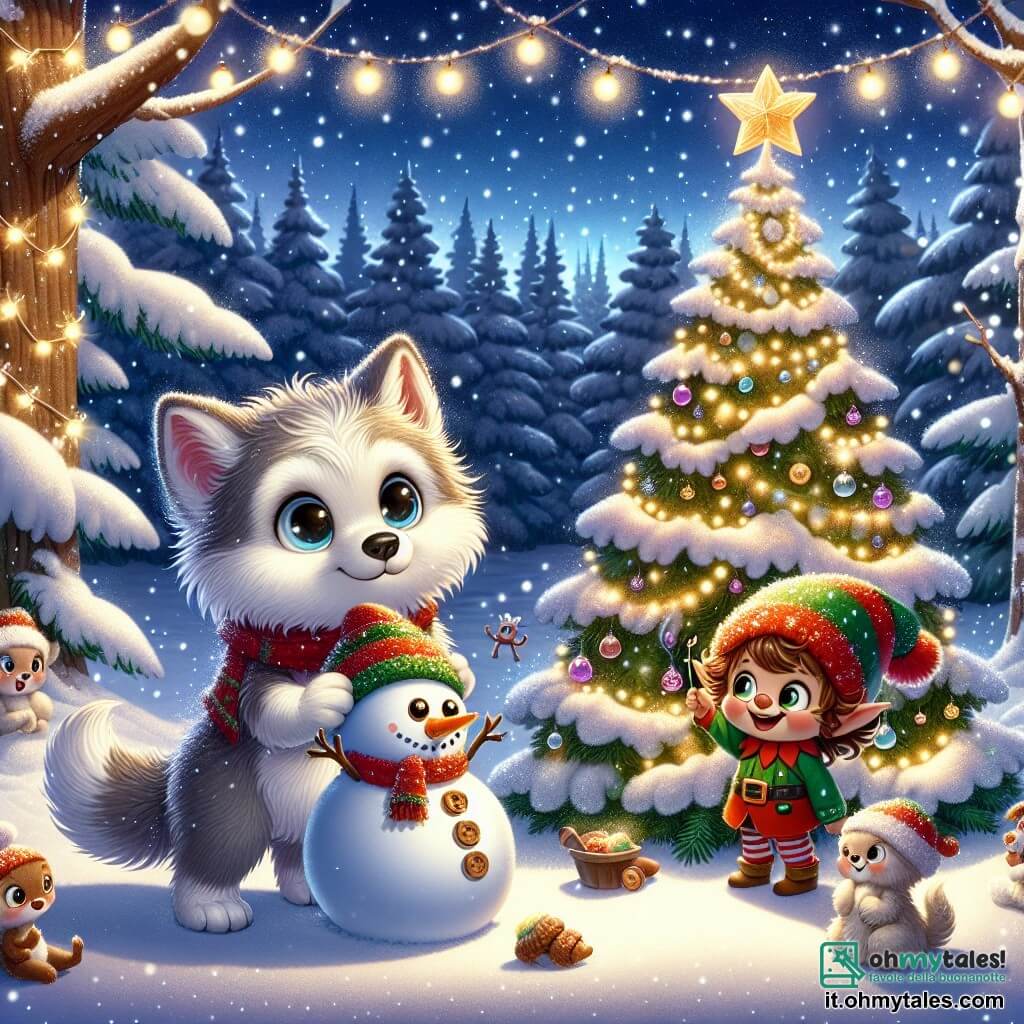 Un piccolo lupo con il pelo bianco come la neve, grandi occhi brillanti di curiosità e un sorriso meravigliato, si trova davanti a un maestoso albero di Natale decorato con ghirlande scintillanti e stelle dorate. Accanto a lui, un piccolo elfo dai capelli ricci e dal volto gioioso, con un cappello rosso e una sciarpa verde, sta decorando un grande pupazzo di neve con bottoni a forma di ghianda e una carota per il naso, mostrando un'espressione di orgoglio ed eccitazione. La scena si svolge in una radiosa radura innevata, illuminata da migliaia di luci scintillanti, dove fiocchi di neve cadono dolcemente dal cielo stellato, creando un'atmosfera magica e festiva. Il piccolo lupo e l'elfo si preparano a celebrare insieme la magia del Natale, circondati da animali del bosco che danzano gioiosamente attorno all'albero, condividendo risate e sorrisi in un'atmosfera calda e conviviale.