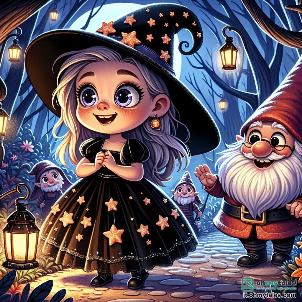 Una ragazza di 9 anni, Sofia, si trova al centro dell'immagine, vestita con un abito nero da strega con stelle scintillanti e un grande cappello a punta. Il suo volto esprime eccitazione e un leggero tremore di paura, i suoi occhi brillano di meraviglia mentre guarda una lanterna misteriosa che illumina il suo cammino. Accanto a lei, un piccolo gnomolo di nome Gnomolo, di circa 50 anni, con una barba bianca e un grande cappello rosso, sorride calorosamente mentre tiene una piccola lanterna in mano. Si trova leggermente in disparte, pronto a guidare Sofia attraverso il parco. Il luogo è un parco oscuro e misterioso, pieno di alberi dalle forme strane, con rami contorti che si estendono come braccia fantasmagoriche. Il terreno è coperto di foglie autunnali dai colori vivaci, e lanterne scintillanti illuminano il sentiero, creando un'atmosfera magica e leggermente inquietante. La scena principale mostra Sofia, un po' nervosa ma determinata, pronta a attraversare il "Ponte dei Sospiri", un vecchio ponte di legno che sembra oscillare sotto i suoi piedi, mentre Gnomolo la incoraggia con un sorriso rassicurante.