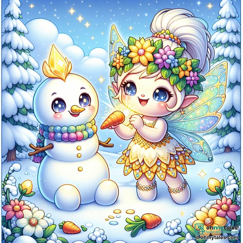 Luma, una piccola creatura di luce con ali scintillanti e un sorriso radioso, sta costruendo un magnifico pupazzo di neve nel suo giardino innevato. Indossa una piccola sciarpa colorata e i suoi occhi brillano di gioia ed eccitazione. Accanto a lei, sua mamma, una dolce creatura di fiori con petali delicati e un volto sorridente, la aiuta aggiungendo dettagli al pupazzo di neve, sembrando orgogliosa e felice mentre tiene una carota per il naso. Il giardino è coperto da uno spesso manto di neve scintillante, con alberi maestosi sullo sfondo, le cui branche sono cariche di fiocchi di neve. Il cielo è di un azzurro chiaro, punteggiato da nuvole bianche e soffici, e il sole brilla dolcemente, illuminando la scena con una luce dorata. Luma e sua mamma si divertono insieme a creare il loro pupazzo di neve, ridendo e condividendo momenti di felicità, mentre fiocchi di neve cadono dolcemente attorno a loro, aggiungendo alla magia dell'inverno.