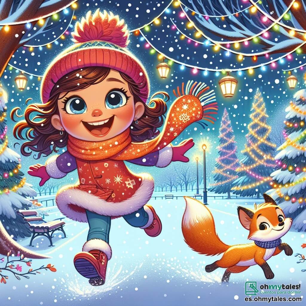 Una niña de 4 años, Luna, con grandes ojos brillantes y una sonrisa radiante, lleva un gorro rojo y una bufanda estrellada. Ella salta de alegría en la nieve, con sus mejillas rosadas y su cabello rizado flotando al viento. A su lado, un pequeño zorro de pelaje dorado, curioso y travieso, observa la escena con ojos pícaros. El parque está encantado, cubierto de una gruesa capa de nieve brillante, con majestuosos árboles iluminados por guirnaldas de luces de colores. Copos de nieve caen suavemente, creando una atmósfera mágica y festiva. Luna, llena de entusiasmo, intenta atrapar su dibujo gigante hecho de ramas y piñas que vuela con el viento, mientras el zorro la sigue, intrigado por esta aventura inesperada.