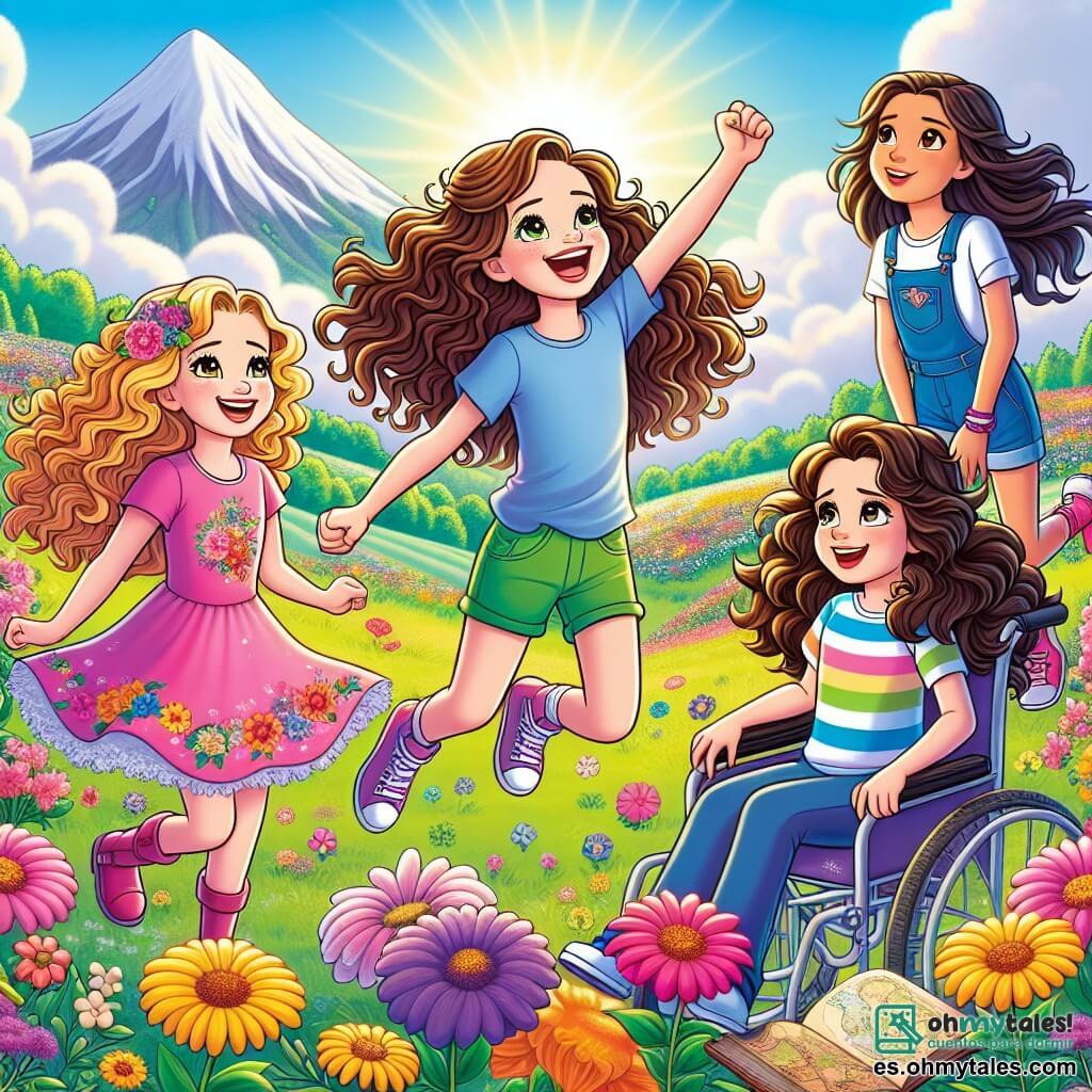 En el centro de la imagen, cuatro chicas de unos 10 años están juntas en un campo colorido. Valentina, con cabello rizado y dorado, sonríe alegremente, vestida con un vestido rosa con flores. A su derecha, Lucía, enérgica con cabello castaño, salta con una gran sonrisa, usando una camiseta azul y un short verde. A la izquierda, Sofía, con cabello largo y liso, lleva una camisa de rayas coloridas y mira al cielo con curiosidad. Finalmente, Clara, con cabello castaño, está sentada en su bonita silla de ruedas decorada con motivos florales, sosteniendo un antiguo rollo de mapa, con una expresión pensativa. Su entorno es un hermoso campo lleno de flores brillantes bajo un cielo azul claro con algunas nubes blancas. Al fondo, se ve una montaña majestuosa con picos brillando al sol. La escena muestra a las cuatro amigas unidas y felices, celebrando su reciente victoria tras obtener la gema de la alegría, rodeadas de risas y flores que bailan al viento.
