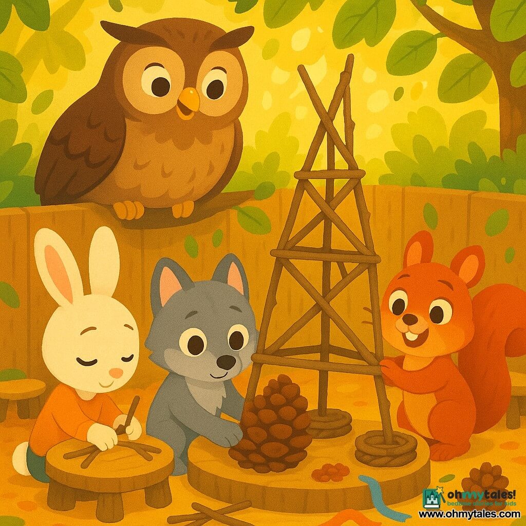 Leo, a small gray wolf with wide curious hazel eyes sits awkwardly placing a large pine cone at the base of a twig tower; Pip, a small red squirrel with round cheeks, stands behind him with sparkling eyes, steadying a twig and encouraging him with a big smile; Bella, a white rabbit with long pink ears, stands to the left calmly braiding twigs to reinforce the base; their teacher, Mrs. Willow, a tall brown owl with soft feathers, watches from an interior branch with a kind expression and slightly folded wings. The classroom is a wooden clearing-box lined with leaves, low log tables and scattered craft materials like cones, twigs and colorful ribbons, golden light filtering through the foliage. The scene shows the team building a stable tower—wide base, woven twigs, cooperative gestures—in a warm, peaceful, child-friendly style with bright contrasting colors, rounded shapes and simple textures.