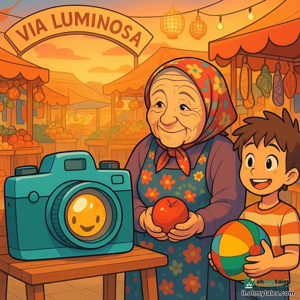 Una piccola macchina fotografica sorridente, con un volto amichevole e occhi scintillanti, si trova su una panchina di legno al mercato di Via Luminosa. Sta catturando ricordi, il suo obiettivo brillante riflette la luce dorata del sole al tramonto. Non lontano, una vecchia donna dal volto rugoso, con un foulard colorato e un grembiule floreale, guarda con tenerezza la macchina, i suoi occhi brillano di nostalgia. Tiene una mela rossa tra le mani, pronta a venderla. Accanto a lei, un giovane ragazzo con i capelli arruffati, indossando una maglietta a righe, sorride mentre tiene un pallone colorato, ammirando la scena con meraviglia. Il mercato è animato, pieno di stand di legno stracolmi di frutta e verdura colorate, tessuti brillanti e lanterne scintillanti. L'atmosfera è vibrante, con luci soffuse e risate che fluttuano nell'aria. La scena principale mostra la macchina fotografica che, con il suo sorriso, cattura la magia di questo momento prezioso, mentre i personaggi si radunano attorno a lei, uniti dal calore della comunità e dai ricordi condivisi.