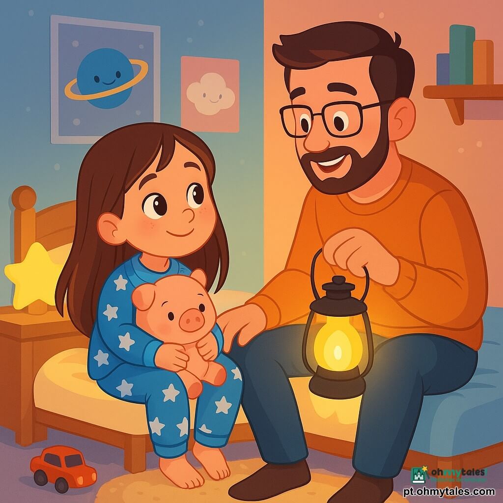 Uma menina de 6 anos, com longos cabelos castanhos e olhos brilhantes, está sentada na cama. Ela tem um rosto curioso e um sorriso tímido, segurando seu porquinho de pelúcia. Veste um pijama azul com estrelas brancas, e suas bochechas estão levemente rosadas, mostrando uma mistura de excitação e nervosismo. Ao lado dela, seu pai, um homem na casa dos trinta anos com uma barba suave e óculos, está sentado na beira da cama. Ele sorri calorosamente, segurando uma lanterna que ilumina suavemente o quarto. O ambiente é decorado com paredes em tons pastel, com pôsteres de planetas e nuvens. Um abajur em forma de estrela emite uma luz suave, criando sombras dançantes no chão. Um tapete macio está estendido aos pés da cama, e brinquedos estão espalhados ao redor. A cena principal mostra a menina e seu pai se preparando para uma aventura noturna, com a lanterna iluminando seus rostos enquanto trocam olhares cúmplices, prontos para explorar os mistérios da noite juntos.