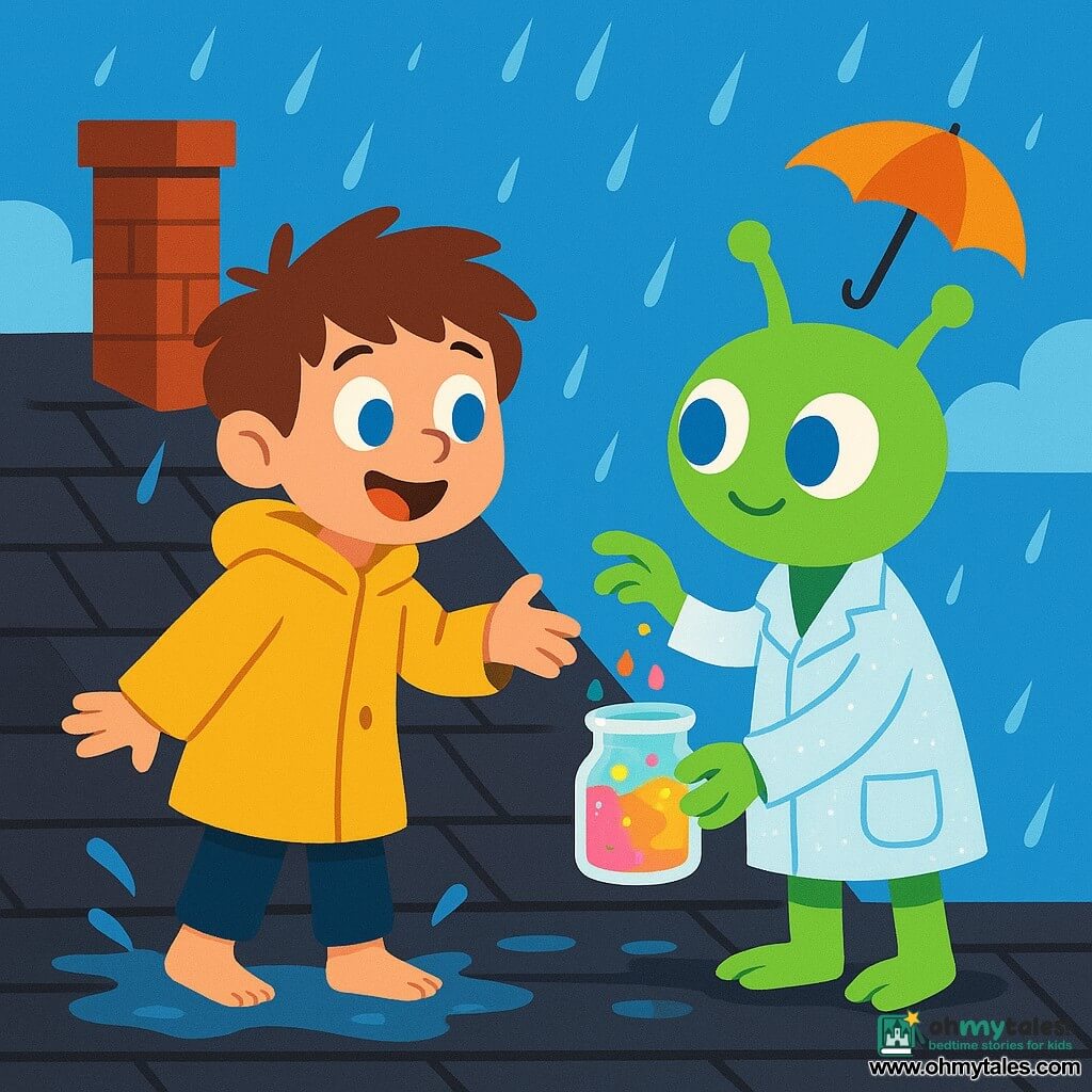 Max, a 6-year-old boy, smiling and amazed, messy brown hair, big blue eyes, oversized yellow coat, standing barefoot on a rain-slick school roof reaching toward a small glowing jar; Dr. Zim, a green alien with large sky-blue eyes and a sparkling lab coat, leaning near Max holding a bubbling jar of colorful droplets; dark gray tiles with reflective puddles, a red brick chimney and silver pipe visible with a few raindrops falling; main scene: Max and Dr. Zim side by side at the roof edge sharing a color-changing magical rain jar, a small upside-down umbrella swirling in the distance, soft joyful atmosphere, bold contrasts and vivid colors.