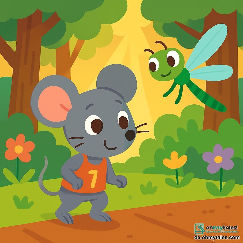 Eine kleine graue Maus, Mila, mit großen Ohren und funkelnden Augen, steht am Rand einer sonnigen Lichtung, bereit an einem Rennen teilzunehmen. Sie hat ein schüchternes, aber entschlossenes Lächeln, ihre kleinen Pfoten zittern leicht. Neben ihr fliegt ihre beste Freundin, Leni die Libelle, mit schimmernden Flügeln und einem leuchtend grünen Körper fröhlich um sie herum und ermutigt Mila mit einem vertrauensvollen Blick. Im Hintergrund ist der wunderschöne Mäusewald mit robusten Baumstämmen, bunten Blumen und sanftem goldenem Licht, das durch die Blätter filtert. Die Hauptsituation zeigt Mila, die sich auf das Rennen vorbereitet, umgeben von fröhlichen Tieren, die sich aufwärmen, während sie tief durchatmet, bereit, ihre Angst zu überwinden und an sich selbst zu glauben.