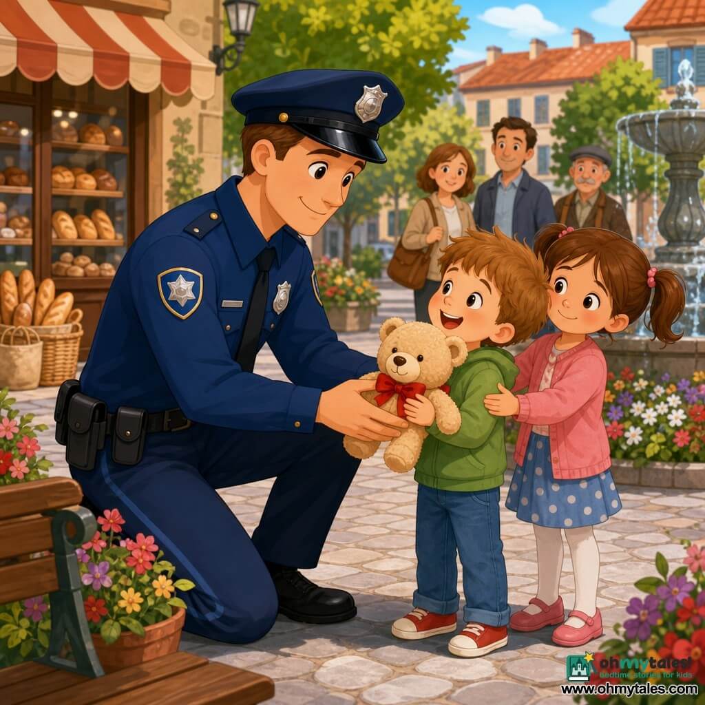 A tall smiling police officer in a clean blue uniform, round cap and shiny badge kneels, kindly offering a beige teddy bear with a red bow to a relieved, joyful six-year-old boy clutching it to his chest; a slightly shy then relieved seven-year-old girl with brown pigtails stands nearby holding the bear before giving it up. In the sunlit village square with gray cobbles, a wooden bench, a splashing round fountain, colorful flowerbeds, a small bakery with loaves at the window, blurred onlookers, green trees and a clear blue sky, the main scene conveys a tender gesture, the boy's gratitude and a warm, safe atmosphere.