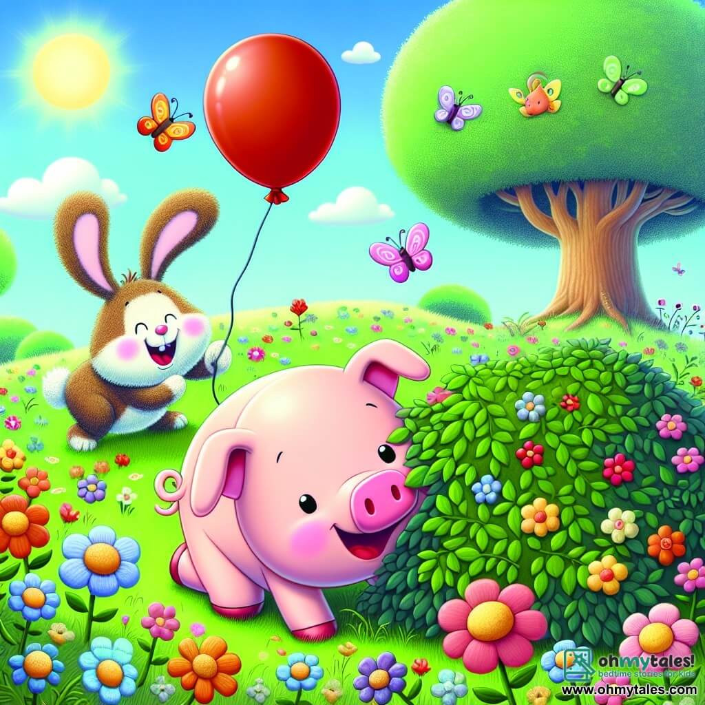 A little pig named Percy, round and pink with a big smile on his face, is desperately searching for his red balloon in a sunny meadow. Next to him, an adorable rabbit with large white ears and sparkling eyes is helping by looking under a bush, while smiling joyfully. The meadow is filled with colorful flowers, fluttering butterflies, and a majestic tree in the background under a clear blue sky. In this scene, Percy is bending down to look under the bush, while the rabbit is busy beside him, creating an atmosphere of friendship and adventure.