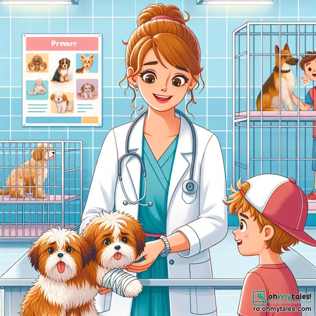 O veterinară, o femeie de aproximativ treize ani, cu părul castaniu prins într-o coadă de cal, poartă un halat alb și un stetoscop la gât. Are un zâmbet cald și ochi strălucitori de empatie în timp ce examinează un câine mic, pe Max, un adorabil bichon frisé, care pare puțin nervos dar curios. Lângă ea, un băiat de aproximativ 8 ani, cu părul blond zbârlit și o șapcă roșie, observă cu fascinație, ținând în mâini o jucărie în formă de câine. Scena se desfășoară într-o clinică veterinară luminoasă și primitoare, cu pereți vopsiți în albastru pastelat, postere colorate despre îngrijirea animalelor și cuști transparente care conțin animale așteptând să fie examinate. Situația principală o arată pe veterinară liniștind câinele mic, vorbindu-i încet în timp ce îi pune un bandaj pe laba rănită, în timp ce băiatul, uimit, învață cum să aibă grijă de animale.