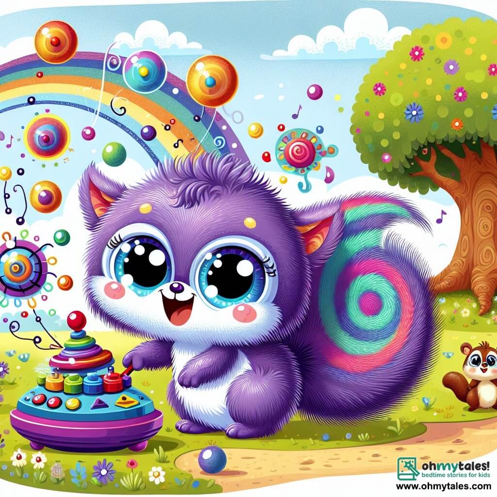 An illustration depicts a small fluffy purple creature with big bright eyes and a long spiral tail, joyfully smiling while holding a colorful machine filled with buttons and levers. It appears excited and happy, ready to make its friends laugh. Next to it, a small bird with multicolored feathers, looking mischievous with sparkling eyes, flutters around, laughing heartily. A round and jovial squirrel with brown fur and a bushy tail stands on the ground, paws raised in the air, laughing loudly and bouncing in place. The scene takes place in a sunny meadow dotted with colorful flowers swaying gently in the breeze, with a majestic oak tree in the background, its branches stretching like welcoming arms. The main action shows the purple creature pressing a button on its machine, causing a shower of sparkling bubbles to float in the air while the surrounding flowers begin to sing joyful melodies. Other graphic elements include shining soap bubbles, musical notes floating in the air, and a clear blue sky with fluffy clouds, creating a cheerful and playful atmosphere.