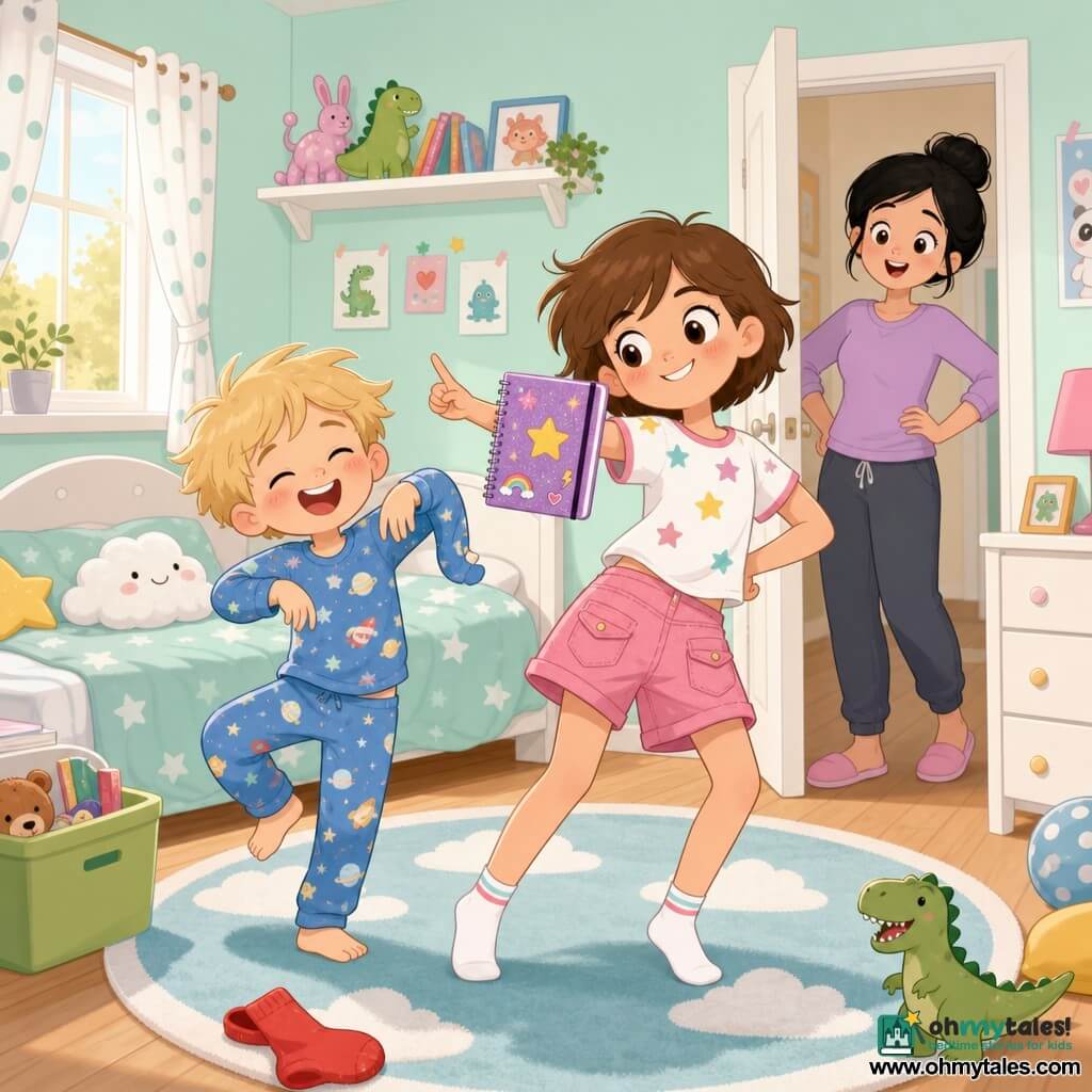A joyful scene in a small mint bedroom: a 10‑year‑old girl with a round face, big bright eyes and short brown hair dances on tiptoe with a mischievous smile, wearing a star T‑shirt and reversed shorts while holding a glittery notebook titled Great Rulebook; her 7‑year‑old brother with tousled blond hair and rosy cheeks, in reversed pajamas, makes a funny noodle‑arm dance by the bed; their amused mother, about 35, with tied‑back black hair watches from the doorway with hands on hips; soft afternoon light, cloud‑pattern rug, piles of books and colorful toys (green plastic dinosaur, red sock on the floor), dynamic poses, scribbled rules in the notebook, bright colors, simple shapes, kawaii minimal style with clean lines and rounded contours.