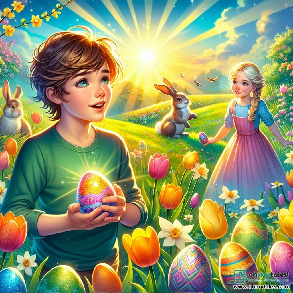 A 10-year-old boy, Charlie, with messy brown hair and sparkling curious eyes, stands at the center of the scene, holding a shimmering colored egg in his hands. His face expresses great joy and a sense of accomplishment as he looks around in wonder. Next to him, an 8-year-old girl, Lily, with braided blonde hair and a bright smile, is searching for hidden eggs in the grass, her pastel dress gently fluttering in the wind. A cute white rabbit, the famous Easter Bunny, stands near Charlie with a friendly look and bright eyes, ready to celebrate the magic of Easter. The scene takes place in an enchanting garden filled with colorful flowers, tulips, and daffodils, where shiny Easter eggs are hidden among the green grass. The sun shines high in the sky, illuminating the landscape with a warm golden light. In this illustration, Charlie, with a triumphant look, has just found the heart of Easter, a magical egg, and shares this joyful moment with his sister and the rabbit, symbolizing the spirit of the holiday and the adventure they experienced together.