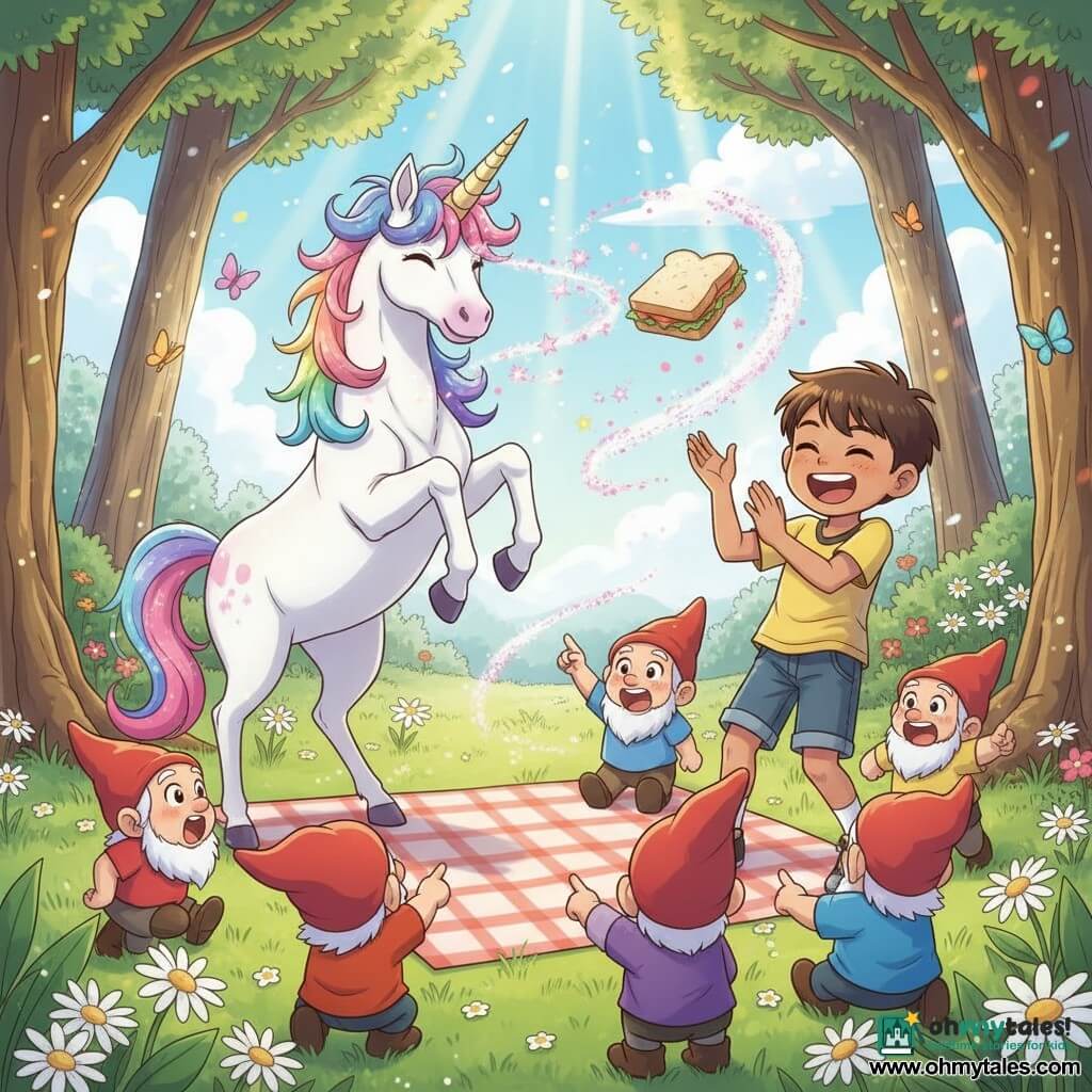 A mischievous unicorn with a rainbow iridescent coat, a fluffy pink-and-blue mane and a spiraled golden horn emitting pink sparks stands on its hind legs pointing its horn at a sandwich evaporating into glitter; Tommy, about eight with short brown hair and freckles in a yellow T-shirt and jean shorts, laughs to the unicorn's right with his hand raised as if applauding; tiny bearded wood gnomes in red caps sit around a checkered cloth, some standing and pointing at the empty spot where the basket was; the sunny clearing has dense green grass, daisies, flowering fields, gnarled trees framing the scene, golden sunbeams and colorful butterflies; mood: a joyful prank, dynamic scene with bright, soft colors and exaggerated friendly expressions.