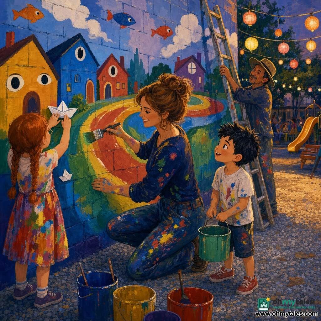 A thirty-something female artist with light brown hair in a loose bun, smiling yet focused, hands covered in bright paint, paints a large mural with a wide brush in a gentle confident posture; to her right a 7-year-old boy with black crew-cut hair and bright eyes holds a bucket of green paint and watches admiringly; to her left a 9-year-old girl with red braided hair and a paint-stained dress glues a small paper boat to the wall; a bronzed man of about 50 wearing a wide-brimmed hat smiles as he props a ladder against the wall in the background; the scene is a small urban playground at dusk with a smooth large brick wall, gravel ground, warm-hued hanging lanterns, and blurred slide and benches; the community mural depicts houses with window-eyes, fish swimming in clouds, and a big colorful road, with broad gestures, vivid paint splotches, a friendly luminous atmosphere and strong contrasts between primary colors and soft dusk tones; style: childlike acrylic with visible brush textures, saturated colors, soft outlines, rounded shapes, composition centered on the female artist and the children.