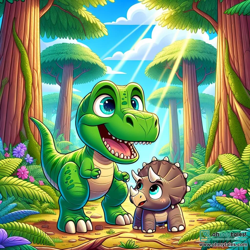 A young Tyrannosaurus Rex named Timmy, with bright green skin and curious sparkling eyes, stands at the center of the scene, displaying a joyful and determined expression. He is helping a small Triceratops named Trixie, who has a beige shell and delicate horns, get back on her feet after stumbling over a root. Trixie, with a worried but grateful look, is right next to Timmy, glancing around with hope. The setting is a lush prehistoric forest filled with tall trees, giant ferns, and colorful flowers blooming under a bright blue sky. Sun rays pierce through the foliage, creating bright patterns on the ground. The main situation shows Timmy and Trixie in the midst of an adventure, ready to explore the forest together in search of Trixie's family, with a palpable sense of friendship and camaraderie between them.
