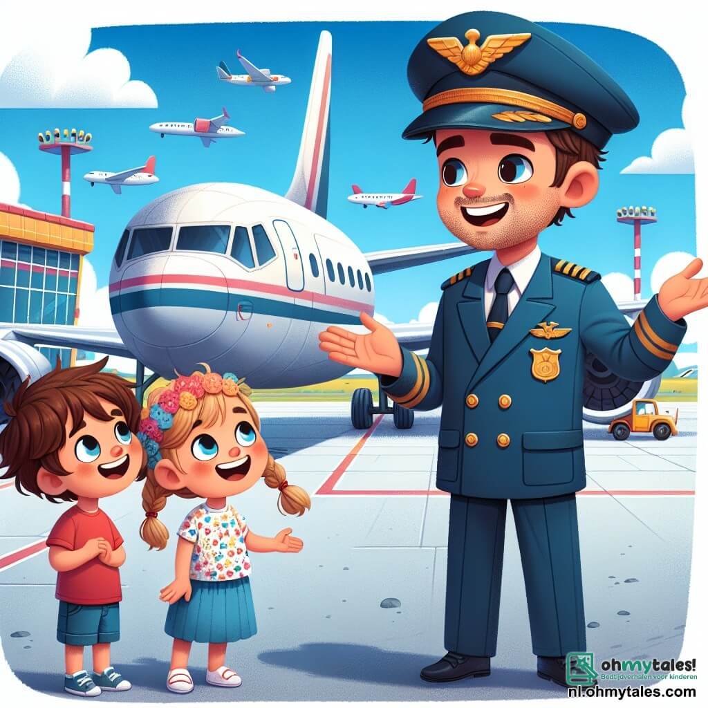 Een lachende man, Kapitein Leo, staat naast zijn grote en glanzende lijnvliegtuig, gekleed in een blauwe uniform met een pilotenpet versierd met een gouden insigne. Zijn gezicht straalt vreugde en opwinding uit, zijn ogen twinkelen terwijl hij de wereld van de luchtvaart uitlegt aan zijn jonge vrienden. Max, een jongen van ongeveer 8 jaar met rommelig bruin haar en een rode t-shirt, kijkt verwonderd naar het vliegtuig, zijn armen omhoog alsof hij de wolken wil aanraken. Lila, een 7-jarig meisje met gevlochten blond haar en een bloemenjurk, staat naast hem, met grote ogen, gefascineerd door de vliegverhalen van Kapitein Leo. De scène speelt zich af op een zonnige luchthaven, met een stralende blauwe lucht bezaaid met enkele donzige witte wolken. Op de achtergrond zijn andere geparkeerde vliegtuigen en kleurrijke hangars te zien, wat een levendige sfeer aan de omgeving toevoegt. In deze illustratie deelt Kapitein Leo zijn passie voor de luchtvaart met Max en Lila, terwijl ze samen dromen van het opstijgen in de lucht.