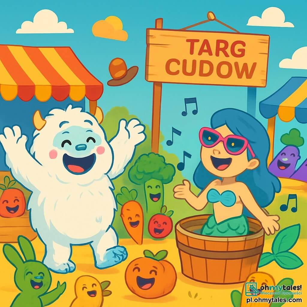 Wesoły i uśmiechnięty Yeti z białym futrem i różowymi policzkami tańczy na Targu Cudów, magicznym rynku, gdzie warzywa mówią i się śmieją. Ma duże, błyszczące oczy pełne szczęścia i okrągły brzuch, który porusza się w rytm. Obok niego syrena z niebieskimi włosami i zielonymi łuskami, nosząca różowe okulary przeciwsłoneczne, entuzjastycznie śpiewa w dużej drewnianej wannie. Ma figlarny uśmiech i oczy pełne radości. Rynek jest pełen żywych kolorów: stragany z wielokolorowymi warzywami, owoce, które się śmieją, i kapelusze tańczące na wietrze, pod niebieskim niebem z chmurami w kształcie cukierków. W tej scenie Yeti i syrena bawią się, śpiewając zabawną piosenkę, otoczeni publicznością zwierząt i warzyw, które się śmieją i tańczą, tworząc radosną i świąteczną atmosferę.