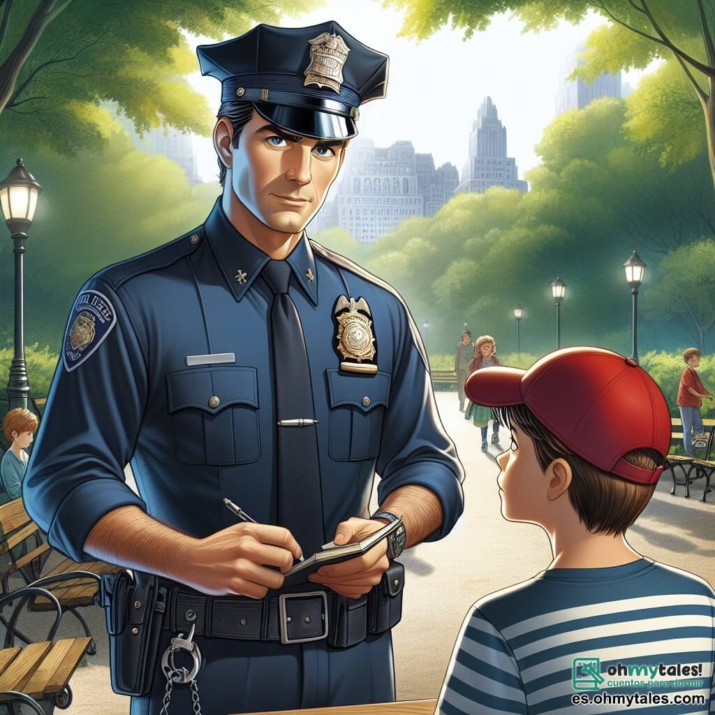 Un policía hombre, de unos cuarenta años, con un uniforme azul marino, una placa brillante en el pecho y una gorra, se encuentra en el centro de la escena, mostrando una expresión decidida y concentrada. Tiene el cabello castaño ligeramente canoso y ojos penetrantes, observando atentamente los alrededores. A su lado, un niño de doce años, Luis, lleva una gorra roja y una camiseta a rayas, mirando con curiosidad al policía. Está un poco atrás, sosteniendo un pequeño cuaderno en sus manos, listo para anotar información. El escenario se sitúa en un parque central verde, con árboles majestuosos, bancos de madera y niños jugando a lo lejos. La luz de la mañana filtra a través de las hojas, creando una atmósfera pacífica pero cargada de adrenalina. La situación principal muestra al policía interrogando al joven, buscando pistas sobre un robo reciente, mientras que los transeúntes curiosos los observan, intrigados por la escena.