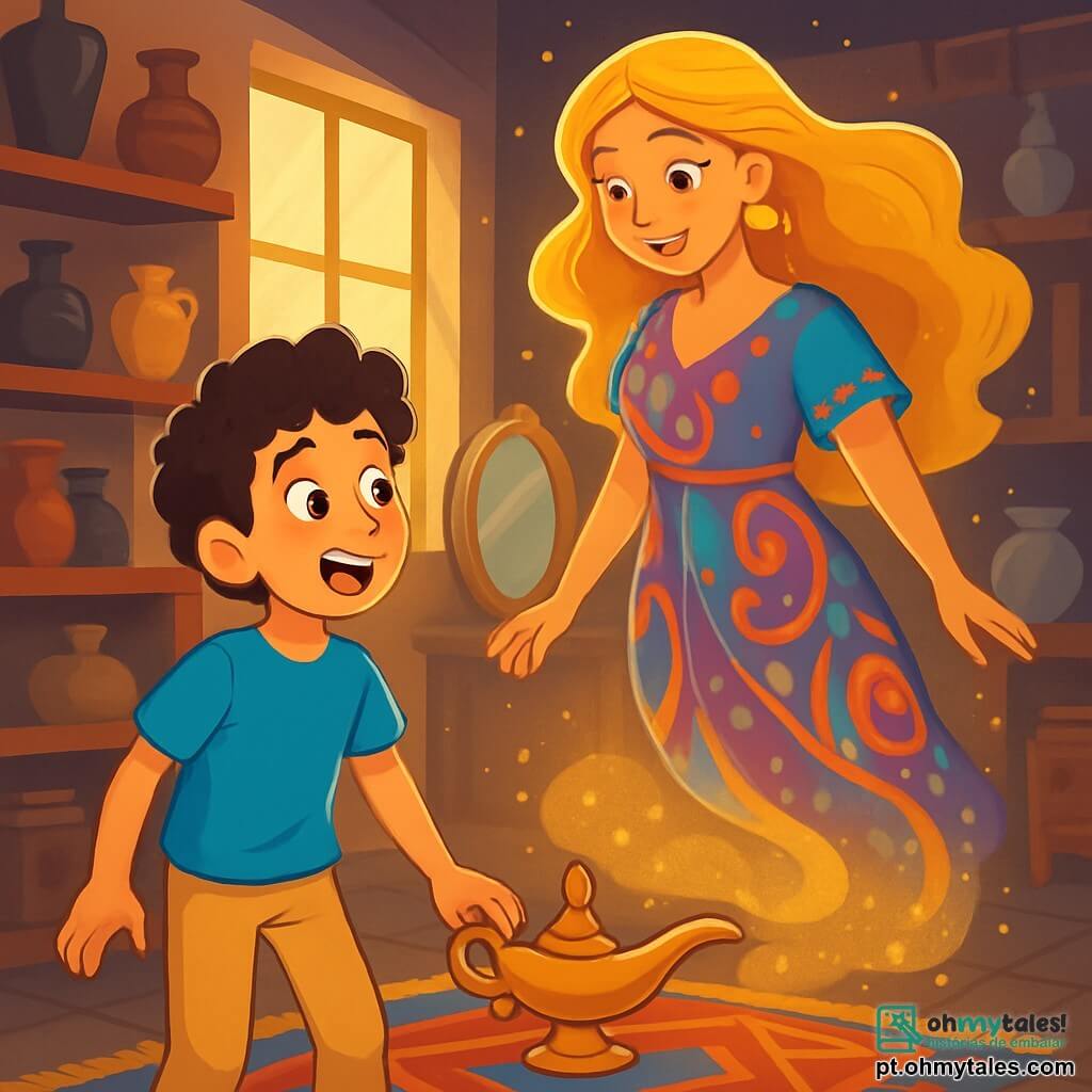 Aladdin, um garoto de 12 anos com cabelos castanhos e cacheados, está diante de uma lâmpada antiga, com os olhos arregalados de curiosidade e espanto. Ele usa uma camiseta azul vibrante e uma calça bege, e seu rosto expressa uma determinação alegre. Ao seu lado, a Gênia, uma mulher majestosa de cerca de 30 anos, com longos cabelos dourados e um vestido cintilante adornado com padrões coloridos, flutua no ar, com um sorriso benevolente. Ela é cercada por uma leve névoa cintilante. A cena ocorre em uma loja de antiguidades, com prateleiras de madeira cheias de objetos misteriosos, espelhos antigos e tapetes coloridos cobrindo o chão. A luz suave filtra através de uma janela empoeirada, criando uma atmosfera mágica e acolhedora. Aladdin, intrigado, esfrega a lâmpada, e a Gênia aparece, pronta para lhe oferecer três desejos, enquanto um brilho dourado ilumina o ambiente, revelando um mundo de possibilidades.