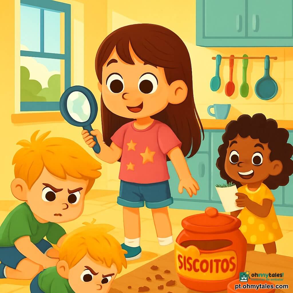 Uma menina de 6 anos, chamada Ana, com longos cabelos castanhos e olhos brilhantes de curiosidade, está no centro da cozinha. Ela usa uma camiseta rosa com estrelas e um short de jeans. Seu rosto expressa excitação e determinação enquanto observa atentamente o chão, segurando uma lupa na mão. Ao lado dela, seu amigo Tomás, um garoto de 6 anos com cabelos loiros bagunçados, está agachado, examinando migalhas no chão. Ele veste uma camiseta verde e um short azul, com o rosto concentrado e uma sobrancelha franzida. Um pouco mais longe, Lila, uma menina de 6 anos com cabelos cacheados e um vestido amarelo com bolinhas, segura um caderno e faz anotações, sorrindo entusiasticamente. A cozinha é clara e acolhedora, com paredes pintadas de amarelo claro e uma grande janela que deixa entrar a luz do sol. Um grande pote de biscoitos está aberto na mesa, com migalhas espalhadas ao redor, e utensílios de cozinha coloridos estão pendurados na parede. A cena principal mostra Ana, Tomás e Lila em plena investigação, buscando pistas sobre os biscoitos desaparecidos, com expressões de curiosidade e excitação em seus rostos.