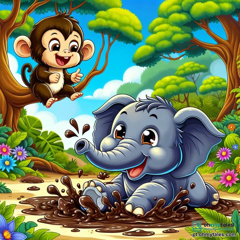 Um elefante alegre chamado Eloi, com grandes orelhas e pele cinza brilhante, está deitado em uma poça de lama, rindo alto. Seus olhos brilham de felicidade e sua tromba está no ar, espirrando lama ao seu redor. Ao lado, uma pequena macaca travessa chamada Mimi, com pelagem marrom e olhos travessos, está empoleirada em um galho de árvore, rindo e apontando para o elefante. Ela parece se divertir e usa uma pequena flor no cabelo. A cena acontece em uma floresta encantada, com árvores majestosas de folhas verdes brilhantes, flores coloridas ao redor e um céu azul claro com nuvens brancas fofas. Eloi e Mimi se divertem juntos, aproveitando um dia ensolarado, onde o elefante rola na lama, criando respingos alegres, enquanto Mimi ri de suas travessuras.