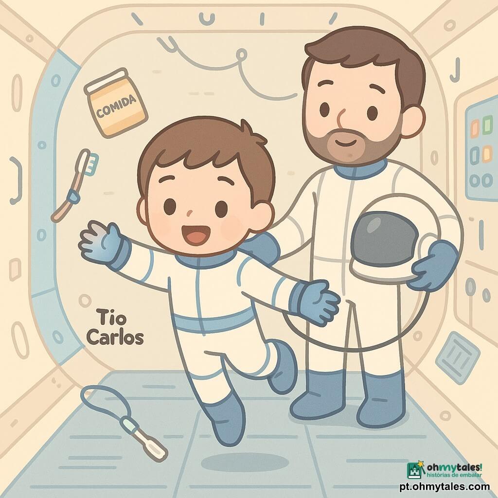 Um menino (Lucas, ±8 anos) sorridente e maravilhado, cabelos castanhos curtos e bochechas redondas, usa um traje espacial de treinamento branco e azul e flutua em apesanteur com os braços abertos. Um homem adulto (Tio Carlos, ±40 anos) de rosto gentil e barba curta, com capacete sob o braço e expressão orgulhosa e acolhedora, está ligeiramente atrás de Lucas, estendendo a mão para guiá‑lo e preso a um cabo de segurança. Interior de um módulo de treinamento espacial com paredes arredondadas em creme e azul claro, painéis de comando com telas coloridas, tapetes antiderrapantes, ganchos e velcro visíveis, iluminação suave; pequenos objetos flutuantes (um pacote de comida marcado "comida", uma escova de dentes com alça) perto de Lucas; cena centrada, atmosfera calorosa e aventureira, paleta em tons pastel, linhas limpas e formas simples.