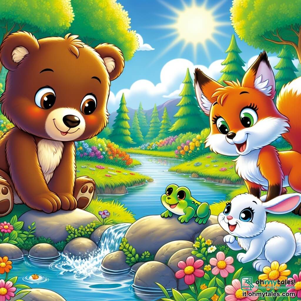 Al centro dell'immagine, un giovane orso bruno di nome Bruno, con un pelage morbido e setoso, esprime grande curiosità e gioia mentre osserva attentamente una piccola rana verde che salta sulle pietre vicino a un ruscello. A destra, una volpe rossa, vivace e maliziosa, con un pelage brillante e occhi scintillanti, sorride guardando Bruno, mentre si erge sulle zampe posteriori, pronta a saltare. A sinistra, un piccolo coniglio bianco di nome Bianchino, con grandi orecchie e uno sguardo meravigliato, si accovaccia per ammirare i fiori colorati che crescono vicino all'acqua. Sullo sfondo, un prato soleggiato, pieno di fiori vivaci e alberi verdi, con un ruscello scintillante che serpeggia nel paesaggio, creando un'atmosfera gioiosa e primaverile. La scena cattura il momento in cui Bruno e i suoi amici scoprono la bellezza della natura in primavera, circondati da vita e colori vibranti.