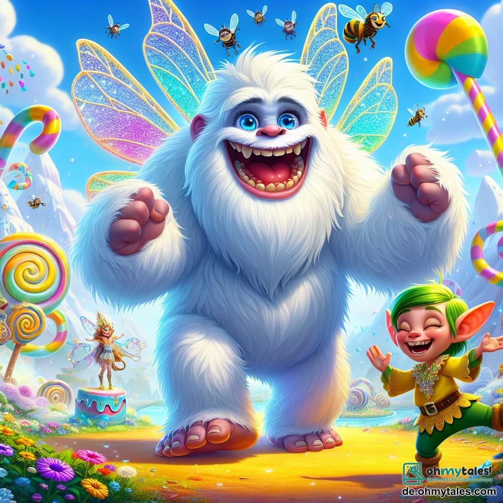 Ein riesiger, flauschiger Yeti mit strahlend weißem Fell und schelmischen Augen tanzt fröhlich im Zentrum einer sonnigen Szene. Sein breites Lächeln und die rosigen Wangen zeigen seine ansteckende Begeisterung. Neben ihm macht ein kleiner, schelmischer Kobold mit zerzausten grünen Haaren und spitzen Ohren Grimassen und lacht, was der Stimmung einen Hauch von Verrücktheit verleiht. Im Hintergrund applaudiert ein Elf mit funkelnden Flügeln, einem bunten Kleid und goldenen Haaren, umgeben von Zuckerstangen und bunten Blumen. Der Ort ist eine magische Insel, die in der Luft schwebt, bedeckt mit strahlenden Blumen und glitzernden Bächen, wo riesige Süßigkeiten wie Bäume wachsen. Flauschige, weiße Wolken schweben herum und schaffen eine märchenhafte Atmosphäre. Die Hauptszene zeigt den Yeti, der mit einer riesigen Biene tanzt, die um ihn herumflattert, während die anderen Kreaturen lachen und Spaß haben und eine Szene voller Freude und Kameradschaft schaffen.