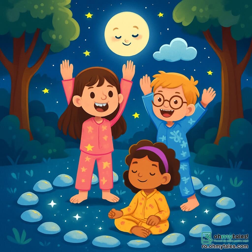 Există 3 personaje: - Iulia: o fetiță de 7 ani, cu părul lung și brunet și ochi strălucitori. Poartă un pijama roz cu stele și zâmbește fericită stând în cercul de pietre. - Andrei: un băiat de 8 ani, cu părul blond zbârlit și ochelari rotunzi. Poartă un pijama albastru cu desene de rachete și face o postură de prieten, cu brațele ridicate, lângă Iulia. - Maria: o fetiță de 6 ani, cu părul creț și o bentiță violet. Poartă un pijama galben cu motive florale și stă în fund, cu mâinile pe genunchi, în fața lui Iulia și Andrei. Locul se află într-o poiană magică, iluminată de lumina blândă a lunii. Pământul este acoperit cu pietre strălucitoare care scintilează ca stelele. Copacii măreți înconjoară spațiul, frunzele lor dansând ușor în ritmul vântului. Cerul este presărat cu stele sclipitoare, creând o atmosferă pașnică și feerică. Situația principală a poveștii arată copiii făcând posturi de yoga, înconjurați de pietre luminoase. Ei râd și se simt în siguranță, în timp ce un nor alb mic plutește deasupra lor, pregătit să le șoptească cuvinte dulci pentru a-i ajuta să adoarmă liniștiți.