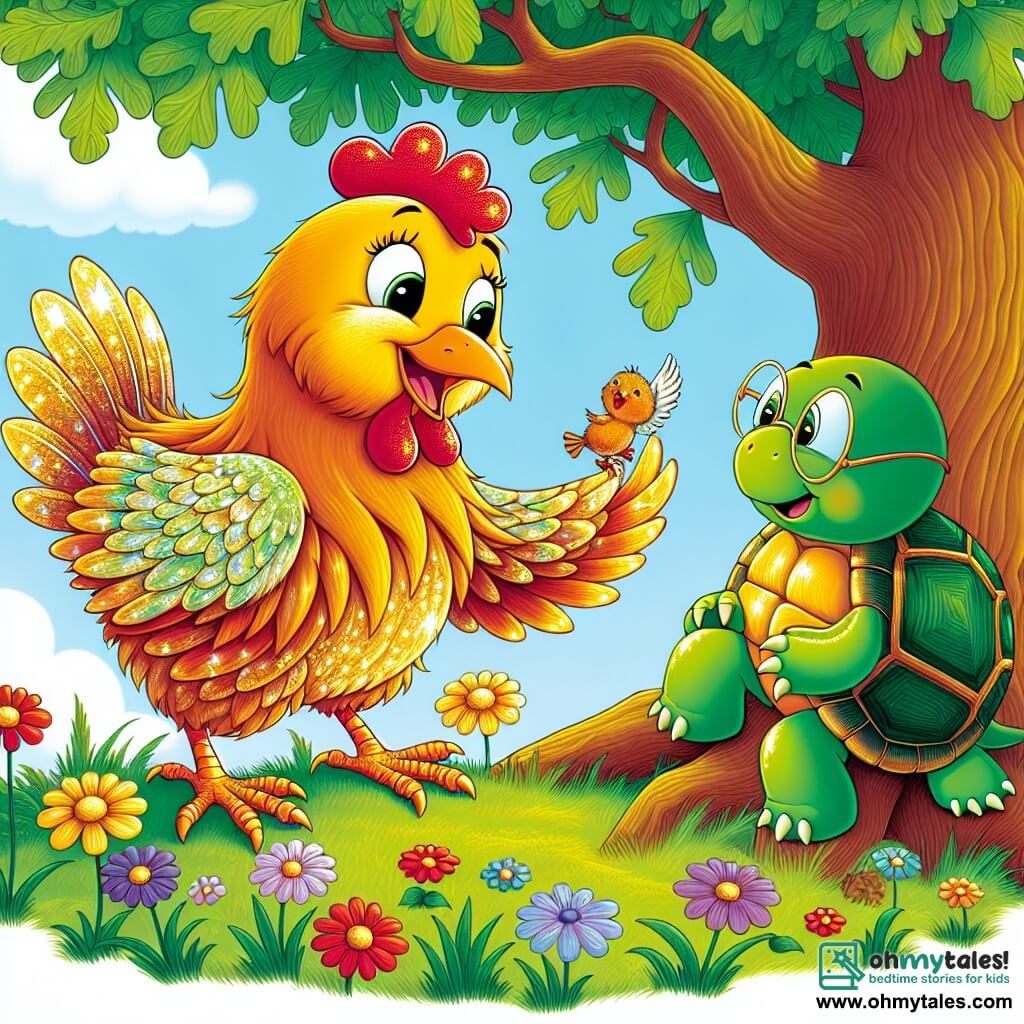 A joyful chicken named Clara, with shiny golden feathers and a big smile, is perched on a branch of a large oak tree. She has sparkling eyes full of excitement and seems ready to help. Beside her, a wise old turtle named Timmy, with a green shell and round glasses, looks on encouragingly. He is sitting on the grass just below the tree, smiling up at Clara. The setting is a sunny garden filled with colorful flowers gently swaying in the wind, with a clear blue sky in the background. The main scene shows Clara freeing a small bird trapped in the branches, surrounded by green leaves, creating an atmosphere of adventure and camaraderie.