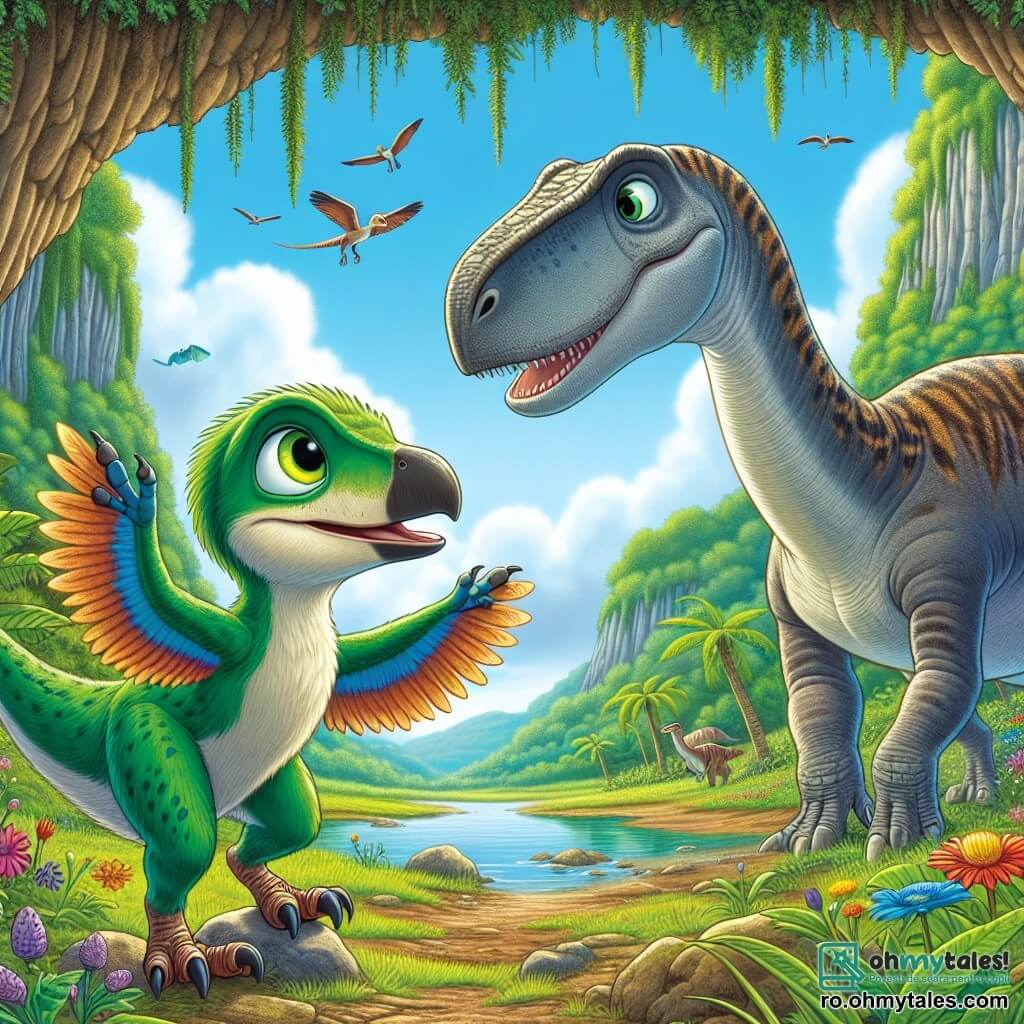 Un vélociraptor numit Raptorin, cu pene verzi strălucitoare și ochi sclipitori, stă la marginea unei fante în sol, privindu-l cu curiozitate și determinare. Pare curajos, pregătit să exploreze necunoscutul. Lângă el, un brontosaurian uriaș numit Bronto, cu un gât lung și o piele moale de culoare gri, se apleacă pentru a-l încuraja, afișând un zâmbet binevoitor. Decorul este o vale verde, presărată cu flori colorate și copaci mari, cu un cer albastru deschis și câțiva nori pufoși plutind deasupra. Situația principală arată cum Raptorin și Bronto se pregătesc să descopere o sursă de apă ascunsă, cu o strălucire de excitație în ochii lor, simbolizând prietenia și spiritul lor de aventură.