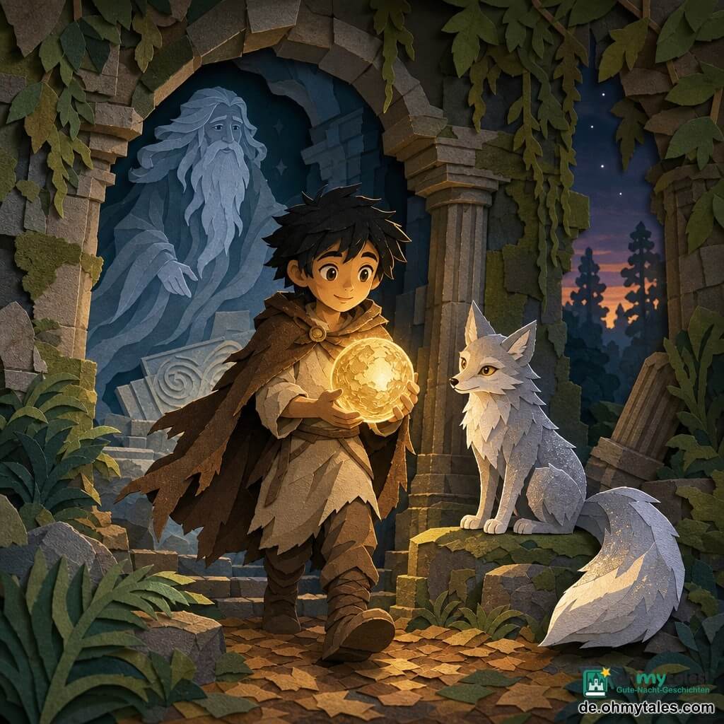 Der Protagonist ist ein junger Junge, entschlossen und staunend, mit rundem Gesicht, zerzausten schwarzen Haaren und einfacher Leinentunika sowie abgenutztem braunem Mantel, der in beiden Händen eine goldene Lichtkugel hält; neben ihm auf einem moosigen Felsen sitzt ein silberner Kitsune-Fuchs mit klugem Blick und buschigem Schwanz, hinter ihm schwebt als durchsichtiger Geist ein alter weiser Magier mit langer weißer Bart, alles in den Ruinen eines Tempels im Unterholz mit umgestürzten Säulen, Moos, Farnen und herabhängenden Lianen, die goldene Kugel vertreibt die blauen Schatten des Zwielichts und schafft eine warme, magische Atmosphäre mit starkem Kontrast zwischen hellem Gold und kalten Schatten.