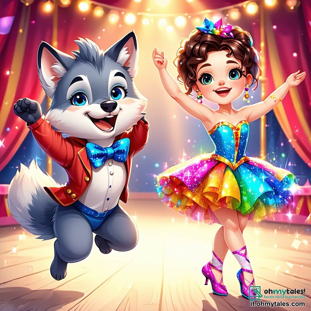 Un piccolo lupo di nome Lino, con un pelo grigio e occhi brillanti di gioia, salta entusiasta al centro di una pista di circo colorata, con un grande sorriso sul volto. Accanto a lui, una giovane acrobata di nome Giulia, con capelli ricci e un costume scintillante dai colori vivaci, esegue una pirouette, il suo viso radioso di felicità. Il circo è pieno di luci brillanti, palloni colorati e spettatori meravigliati, con tendoni a strisce rosse e gialle che si ergono sullo sfondo. Lino e Giulia si divertono insieme, saltando e rotolando sulla pista, creando un'atmosfera gioiosa e magica, piena di risate e amicizia.