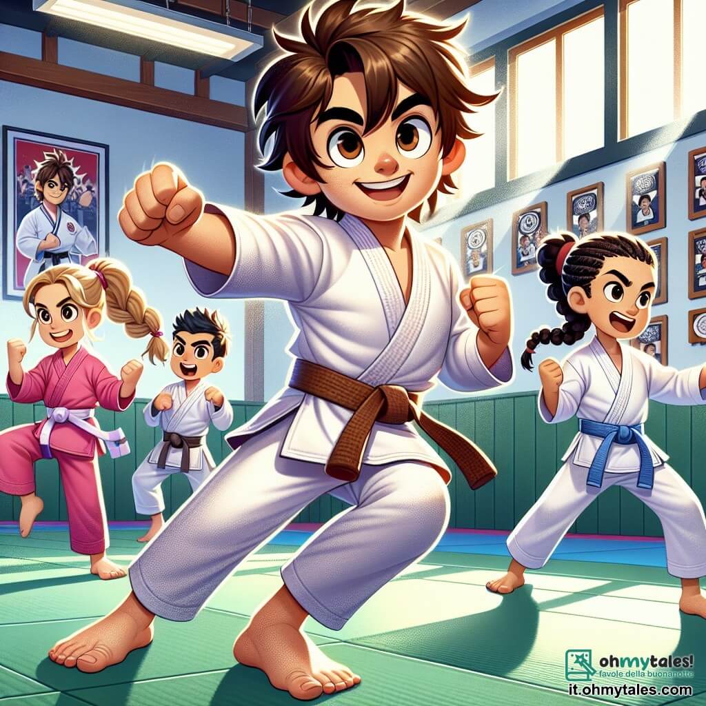 In un dojo luminoso, un ragazzo di dodici anni di nome Marco, con i capelli castani disordinati e un gi bianco, si allena con determinazione, i pugni stretti, pronto a combattere. Alla sua destra, la sua migliore amica Sara, una ragazza con capelli biondi intrecciati, indossa un gi rosa e lo incoraggia con un grande sorriso, le braccia alzate in segno di sostegno. A sinistra, Luca, un ragazzo con capelli neri e occhi vivaci, in tenuta da karate blu, si riscalda facendo movimenti rapidi, pronto a unirsi a Marco sul tatami. Il dojo è pieno di tatami verdi e muri decorati con medaglie e foto di campioni di karate, creando un'atmosfera dinamica e motivante. Raggi di luce filtrano dalle finestre, illuminando la scena. Marco è in azione, eseguendo un calcio spettacolare, mentre i suoi amici lo osservano con ammirazione, illustrando lo spirito di squadra e la passione per il karate.