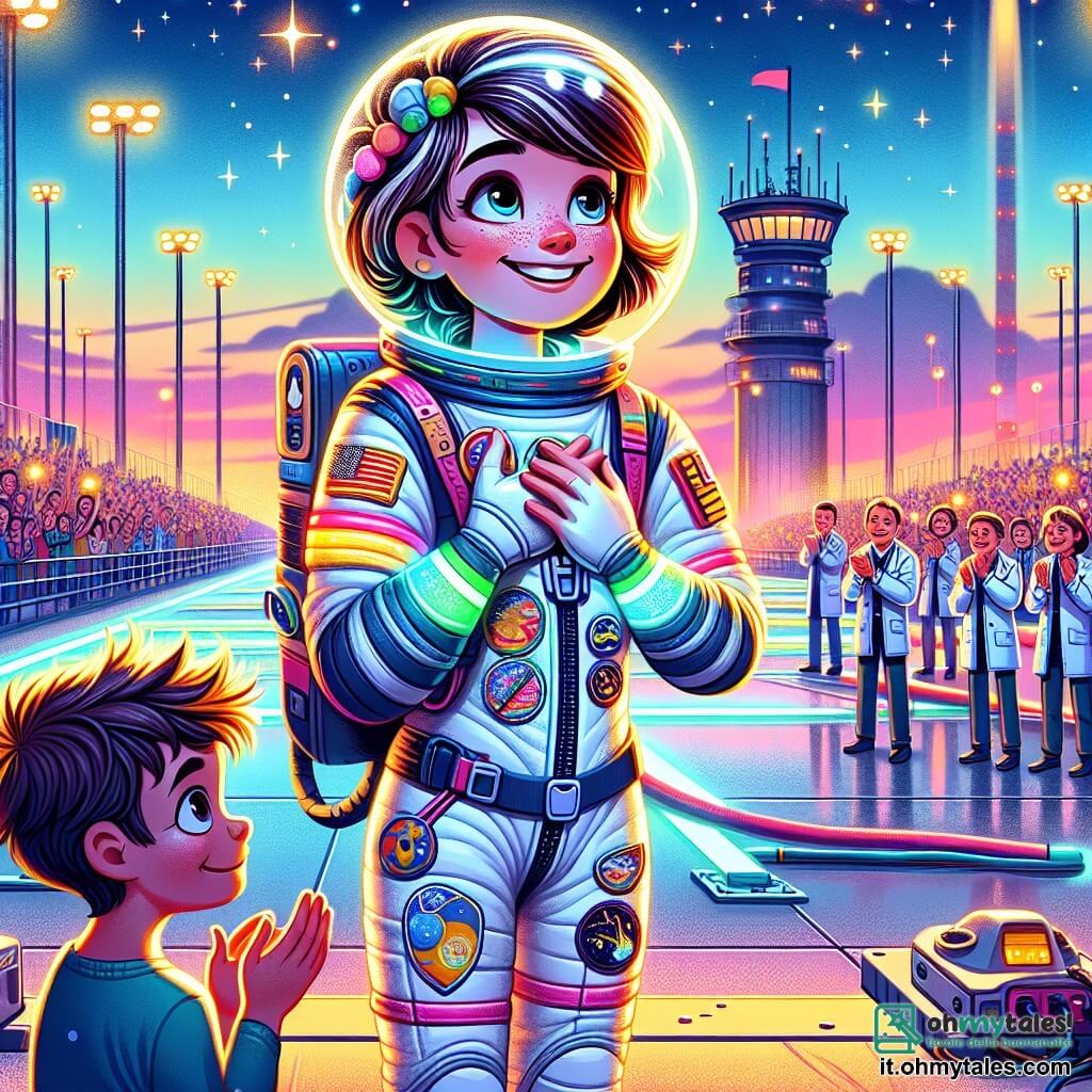 Un'astronauta donna, Stella, con un casco lucente e una tuta spaziale bianca decorata con toppe colorate, sorride con occhi brillanti di eccitazione. Si trova in piedi sulla pista di atterraggio, con le braccia aperte, esprimendo una gioia splendente dopo il suo ritorno dallo spazio. Accanto a lei, un ragazzino di circa 8 anni, con i capelli castani arruffati e gli occhi sbalorditi, la guarda con ammirazione, le mani sui fianchi, come se sognasse di diventare astronauta anche lui. Sullo sfondo, una folla di tecnici e scienziati applaude, alcuni tengono striscioni colorati con messaggi di benvenuto. Il luogo è un centro spaziale moderno, con un cielo crepuscolare tinto di sfumature di rosa e arancione, e luci scintillanti degli edifici in vetro e metallo che circondano la pista. La scena è piena di energia e felicità, con stelle che iniziano a brillare nel cielo sopra. Stella racconta le sue avventure nello spazio al giovane ragazzo, affascinato dalle sue storie, mentre gli applausi della folla risuonano intorno a loro, creando un'atmosfera di celebrazione e sogno.