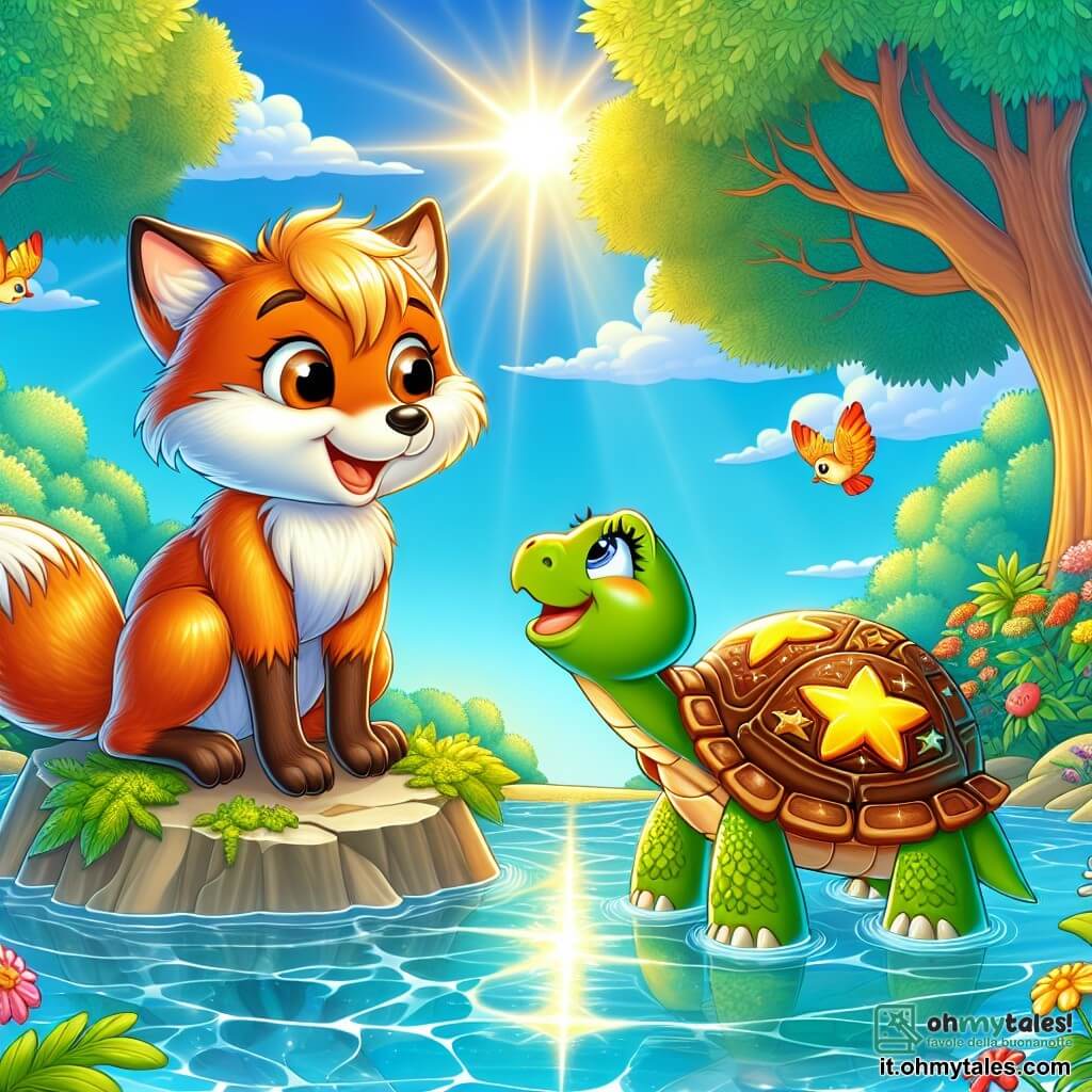 Rufus, un giovane volpe dal pelo dorato, si trova al bordo di un lago scintillante, con gli occhi pieni di curiosità e meraviglia. Guarda con entusiasmo una grande tartaruga saggia, dal guscio decorato con motivi stellati, che gli sorride benevolmente, seduta su una pietra piatta al centro dell'isola. La tortuga, calma e serena, sembra pronta a condividere la sua saggezza con Rufus. Il panorama è una foresta incantata, con alberi maestosi dalle foglie verde smeraldo, fiori colorati che danzano al vento e un cielo azzurro chiaro punteggiato di nuvole soffici. Il lago, di un blu cristallino, riflette il sole, creando bagliori di luce che illuminano la scena. Rufus sta ponendo una domanda alla tartaruga, cercando risposte sul senso della vita, mentre uccelli colorati volano gioiosamente attorno a loro, aggiungendo un tocco di magia a questo incontro filosofico.