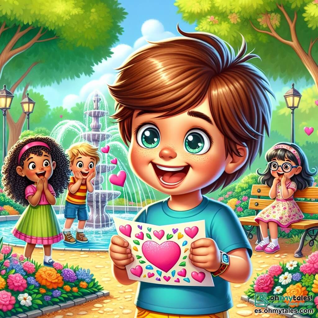 Un niño de 8 años, Lucas, con cabello castaño y ojos brillantes, sonríe alegremente sosteniendo una carta rosa decorada con corazones. Lleva una camiseta azul y un pantalón corto amarillo, rodeado de sus amigos en un parque colorido. Ana, una niña de 8 años con cabello largo y rizado, está a su lado, levantando los brazos con entusiasmo mientras sostiene otra carta. Sofía, otra niña de 8 años con gafas y un vestido de flores, se encuentra un poco más atrás, sonrojada de felicidad al mirar a Lucas. El parque está lleno de grandes árboles verdes, flores brillantes y una bonita fuente en el centro, donde el agua brilla bajo el sol. Bancos de madera y columpios añaden a la atmósfera alegre del lugar. La escena representa el momento en que Lucas descubre la carta rosa y anuncia a sus amigos que ha encontrado un mensaje especial para ellos, creando un ambiente de camaradería y alegría para la fiesta de San Valentín.