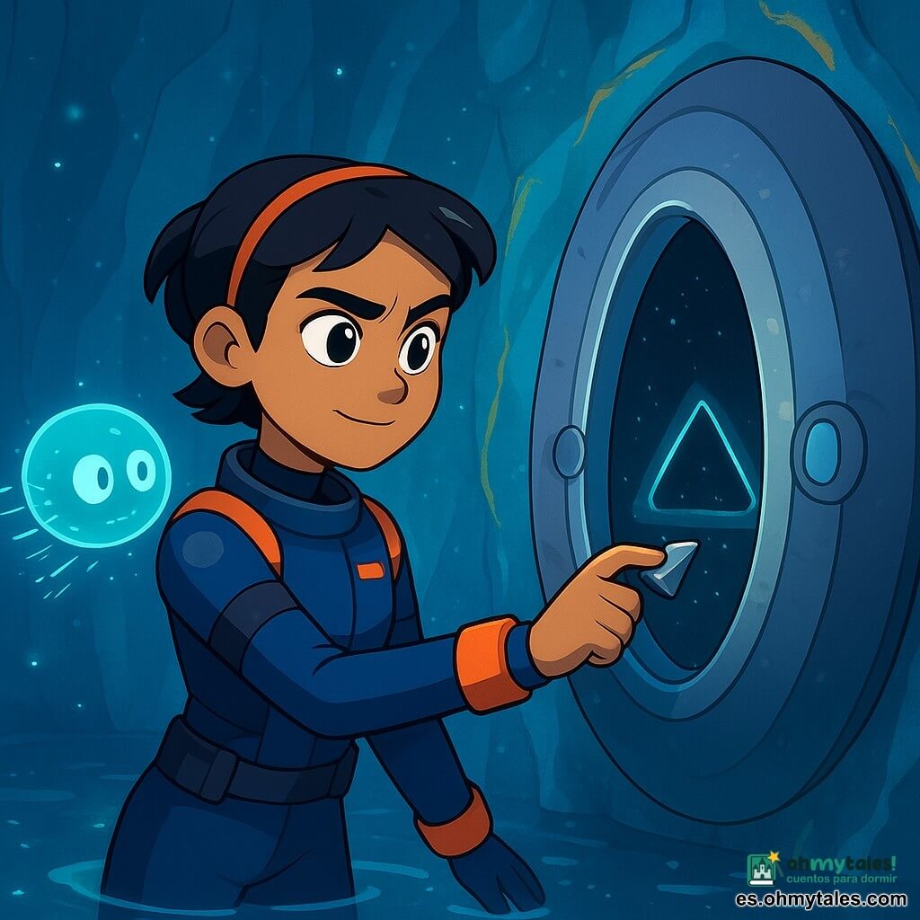 Amaya, joven de unos 16 años, de rasgos decididos y curiosos, pelo corto negro con cinta, ojos grandes y expresión concentrada con leve sonrisa, flota en un traje espacial de buceo azul oscuro con detalles naranja y coloca una pequeña sonda plateada en una ranura triangular de un gran arco oscuro; a su izquierda, Nilo, la inteligencia de a bordo, aparece como un pequeño holograma orbe azul verdoso que emite líneas de datos; detrás, una cápsula ovalada plateada está atracada con la puerta abierta y luces visibles, y una baliza roja parpadea en la muñeca de Amaya; la escena sucede en el océano subterráneo de Europa, en una cavidad vertical de paredes de hielo translúcido con vetas turquesa y doradas y partículas bioluminiscentes flotando, mientras el arco antiguo comienza a iluminarse en azul verdoso, el agua vibra en ondas concéntricas y se abre en su centro una ventana negra que muestra un destello de extrañas estrellas, ambiente misterioso pero seguro dominado por azules profundos, turquesas y toques naranja cálido.