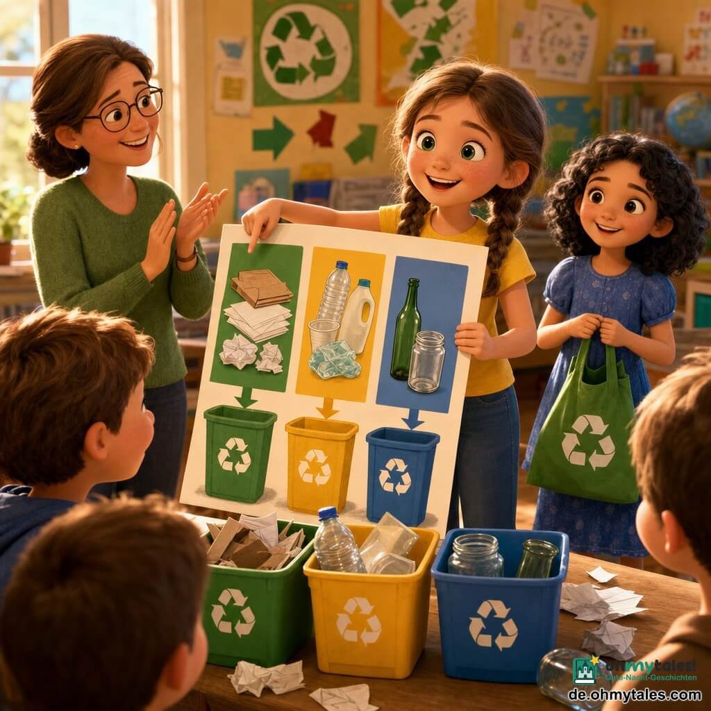 Ein fröhliches, konzentriertes 8‑jähriges Mädchen mit braunen Zöpfen, grünen Augen, gelbem T‑Shirt und Jeans hält ein großes buntes Schild „Papier/Plastik/Glas“ und zeigt eine Plakattafel; daneben etwas rechts hinten steht Mia, etwa 8, lächelnd, helle Haut, lockiges schwarzes Haar, blaues Kleid, mit einer grünen Recyclingtasche; links eine wohlwollende Lehrerin Mitte 30 mit zusammengebundenem braunem Haar, Brille und grünem Pullover applaudiert; helle Klassenraumkulisse mit Holztischen, bunten Postern, beschrifteten grünen/gelben/blauen Recyclingbehältern im Vordergrund und großem Fenster mit weichem Morgenlicht; Workshop zum Mülltrennen, Kinder schauen und lachen, Papierfetzen, Plastikflasche und Glasgefäß liegen bei den Behältern; lebhafte Kontrastfarben, weiche 3D‑Animationsästhetik, warmes Licht, leichte Tiefenschärfe, optimistische dynamische Stimmung.