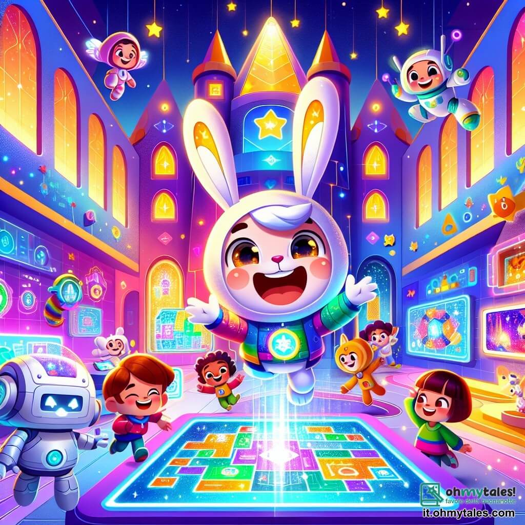 Leo, un coniglietto con grandi orecchie e pelliccia bianca brillante, salta di gioia con un grande sorriso, gli occhi pieni di eccitazione. Porta uno zainetto colorato pieno di strumenti tecnologici. Accanto a lui, Roby, un robot amichevole dalle forme arrotondate e luci scintillanti, sorride con benevolenza, i suoi occhi luminosi riflettono gioia. Roby tiene un pannello olografico che mostra immagini di una città futuristica. Il luogo è La Torre del Sogno, un enorme edificio dai colori vivaci, con finestre a forma di stella e muri coperti di piante luminescenti. All'interno, la sala è piena di tappeti volanti e giochi tecnologici, creando un'atmosfera magica e dinamica. La scena principale mostra Leo e Roby mentre risolvono insieme un puzzle luminoso che cambia forma, circondati dai loro amici bambini, tutti concentrati e entusiasti, pronti a scoprire il segreto nascosto del puzzle.