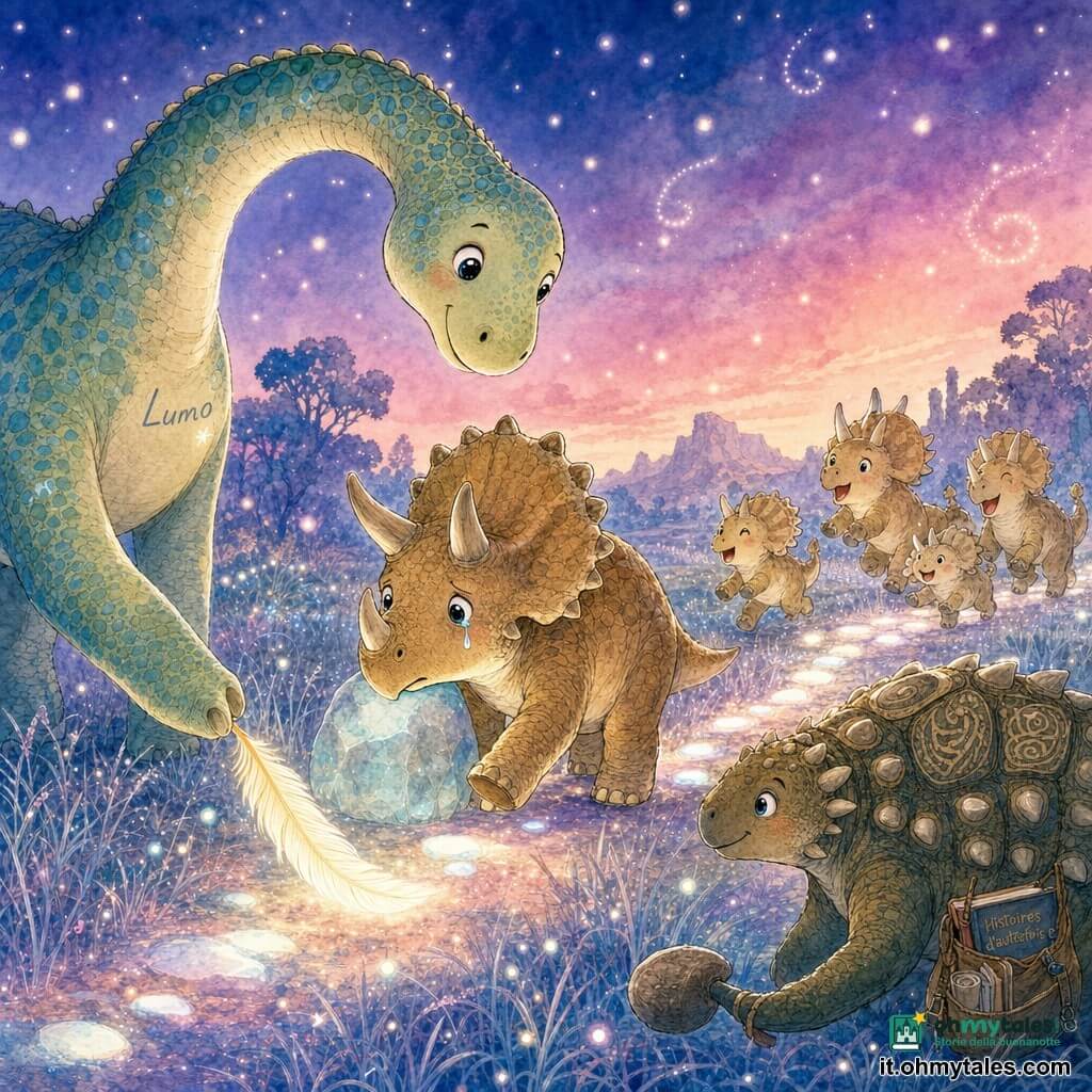 Un diplodoco di nome Lumo, dal lungo collo verde chiaro macchiato di blu, posa delicatamente a terra una piuma fosforescente mentre guida con essa un vecchio triceratopo preoccupato, dagli scudi bruno-ocra e tre corna arrotondate, verso la sua famiglia più piccola che corre gioiosa sullo sfondo; un anziano ankylosauro saggio osserva sulla lisière con un sorriso, il tutto in una vasta pianura d'erba argentata con pietre luminose e lucciole bianche volteggianti sotto un cielo crepuscolare indaco e rosa antico; scena tenera e luminosa, tratti netti, inchiostro colorato e texture acquerello, atmosfera magica e rasserenante.