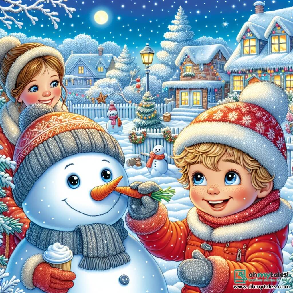 A 5-year-old boy named Max, with blonde hair and sparkling blue eyes, is building a large snowman in a snowy garden. He is wearing a bright red snowsuit and a wool hat, displaying a big joyful smile on his face. Next to him, his mother, a woman in her thirties with her brown hair tied up in a bun, encourages him with a warm look while holding a cup of hot chocolate. The garden is filled with sparkling snow, with trees covered in frost and snowflakes gently falling from the light blue sky. In the background, colorful houses are decorated with string lights, creating a festive atmosphere. Excited, Max places a carrot on the snowman's face while his mother watches him proudly, sharing a moment of family happiness in this enchanting winter landscape.