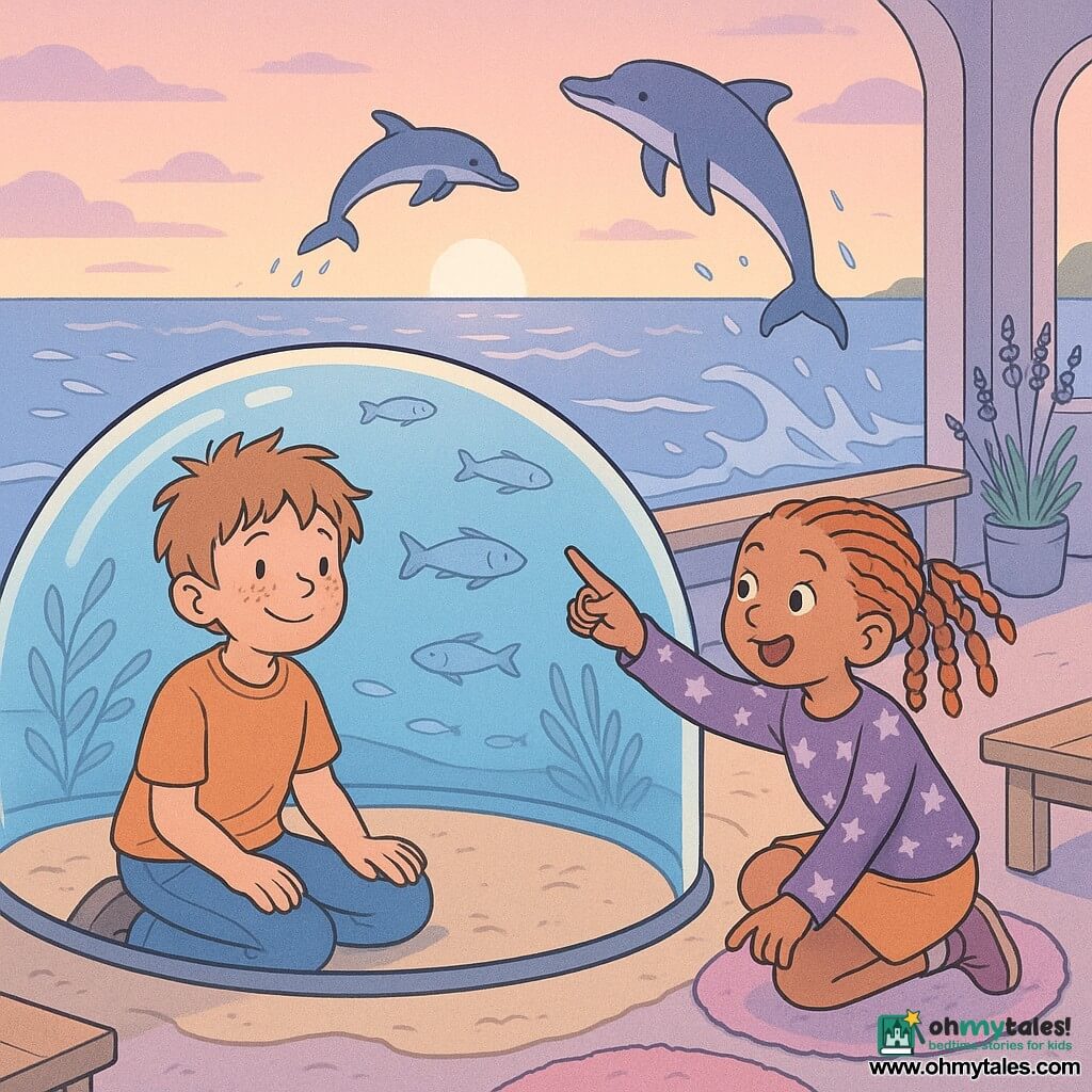A 10-year-old boy, Milo, round face with freckles, tousled brown hair, calm wonder and slight smile, sits with his hands on the curved glass of a marine bubble; a 9–10-year-old girl, Zara, with colorful braids and a star-patterned shirt, crouches beside him, pointing at a dolphin leaping. The Sea Dome is a large transparent glass bubble half-buried in sand, bathed in soft blue light with calm waves, silver fish and dolphins jumping just outside the curved wall. Around them are light wooden benches, pastel plush rugs and lavender plants along a pale violet path seen through the door, a few distant seated figures. Scene: two awed children watching dolphins leap against the Sea Dome at sunset, peaceful mood, pastel blues and violets, soft rounded lines and warm light filtering through the glass.