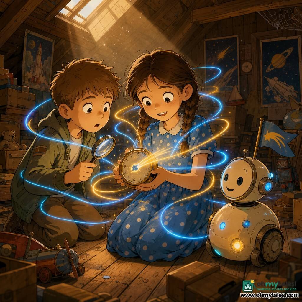 Mira, an 8-year-old girl with brown hair in pigtails, big bright eyes, wearing a blue polka-dot dress, delicately holds a small shiny pewter clock with her hand on its comet-shaped hand; Pip, about 8, with a round serious face and short light-brown hair in a khaki jacket, stands left of Mira holding a magnifying glass and looking at the clock in amazement; Tilly, a small round cream-colored guide robot with a painted smile and a comet flag on its back, rolls to their right emitting small blue and yellow LEDs; they are in a warm dusty attic with wooden floorboards, a skylight casting golden rays through dust, cardboard boxes, old toys and posters; the clock's light has just turned on, sending thin golden and blue ribbons from the comet hand that gently envelop Mira and Pip, their expressions joyful and wonder-filled, a soft magical atmosphere contrasting warm wood tones with cool neon ribbons.