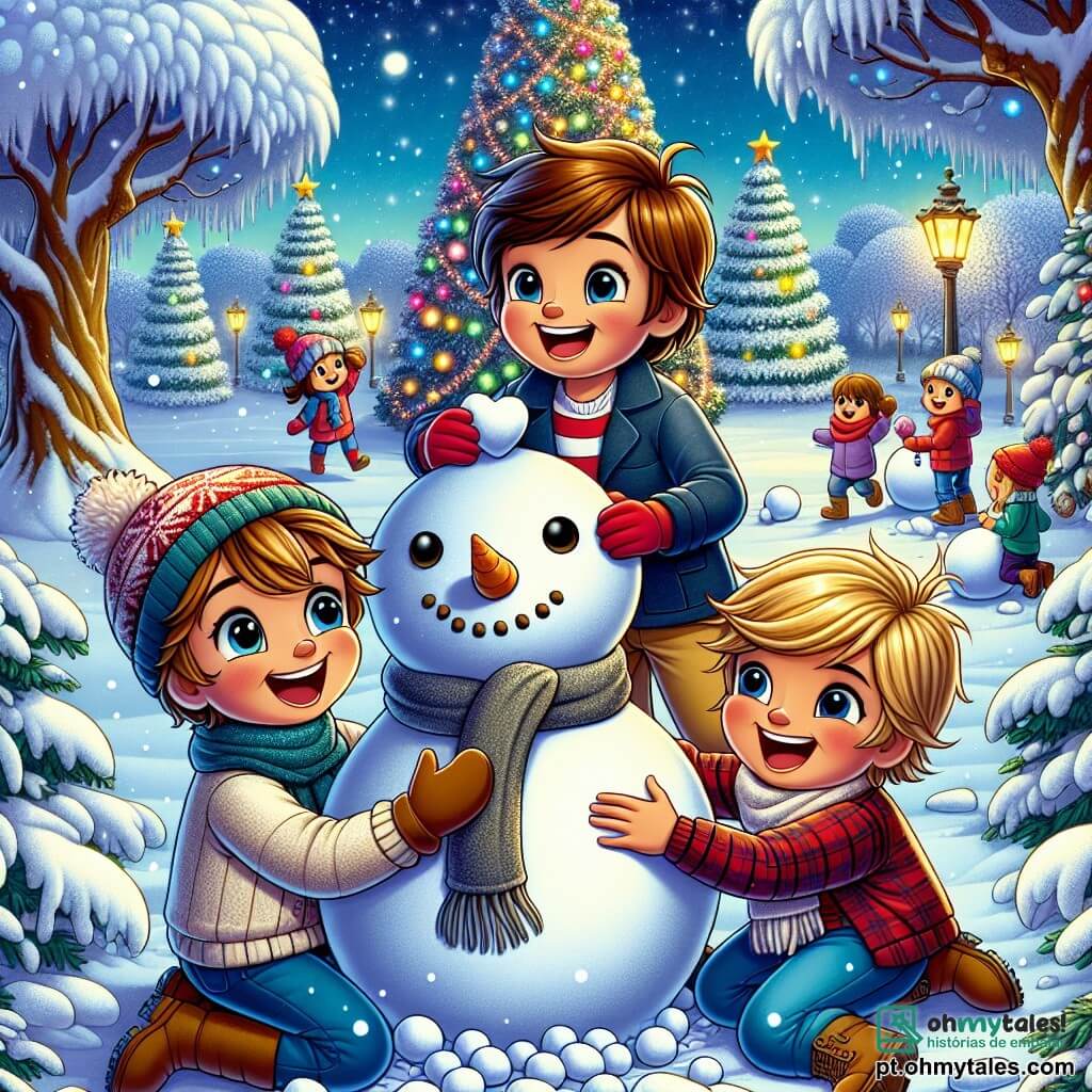 No centro da imagem, Tomás, um menino de seis anos com cabelos castanhos bagunçados e um grande sorriso, está moldando um boneco de neve. À sua direita, Miguel, outro menino de seis anos com óculos redondos e um gorro vermelho, ri enquanto enrola uma bola de neve. À esquerda, Lucas, um menino de seis anos com cabelos loiros e bochechas rosadas, segura uma cenoura que está prestes a colocar como nariz no boneco de neve. O cenário é um parque invernal encantador, com árvores majestosas cobertas de neve cintilante, luzes coloridas brilhando na noite e um céu estrelado que adiciona um toque de magia. O solo está coberto por uma espessa camada de neve, e um grande carvalho se ergue ao fundo, com seus galhos carregados de neve. A cena principal mostra os três amigos unidos em sua alegre missão de construir um boneco de neve mágico, com uma pedra brilhante em forma de coração pronta para ser colocada no centro de seu torso, enquanto trocam risadas e incentivos, cheios de excitação e amizade.