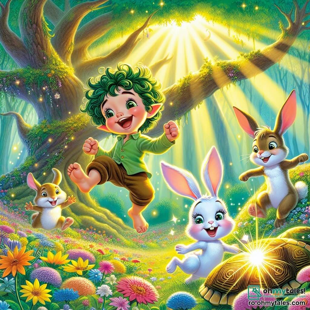 Un lutin pe nume Lupo, un băiat mic cu urechi ascuțite și păr creț de culoare verde, dansează vesel în mijlocul unui câmp de flori strălucitoare, fața lui radiază fericire și uimire. Alături de el, Zippy, un iepuraș tânăr cu urechi mari și blană albă, sare cu entuziasm, ochii săi strălucind de curiozitate, în timp ce Tilly, o broască țestoasă cu carapace colorată, îi observă zâmbind, stând ușor înapoi. Scena se desfășoară într-o pădure fermecată, unde copacii majestuoși cu trunchiuri groase se ridică spre cer, frunzele lor strălucind ca smaraldele la soare. Flori multicolore dansează în vânt, iar un rază blândă de lumină filtrează printre ramuri, creând o atmosferă magică și călduroasă. Lupo, Zippy și Tilly descoperă împreună Piatra Fermecată, o piatră strălucitoare care emite o lumină aurie, simbolizând speranța și magia, în timp ce sărbătoresc prietenia lor în inima acestei naturi de basm.