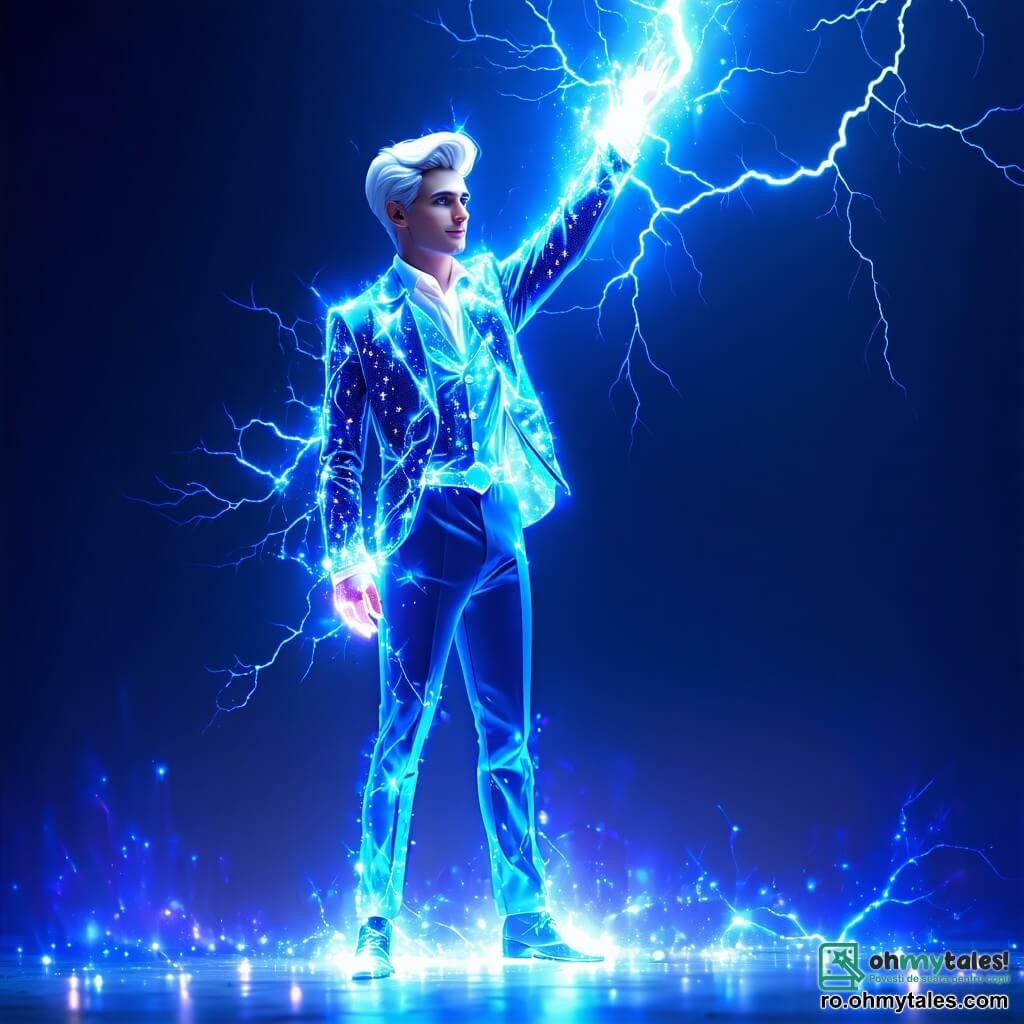 Personajul principal, Victor, este un bărbat cu părul alb ca zăpada și ochi strălucitori ca stelele. Poartă un costum albastru electric decorat cu modele luminoase, iar fața lui exprimă o determinare amestecată cu o blândețe dulce. Se află pe o scenă, ridicând o mână spre cer, generând fulgere strălucitoare în jurul său, iluminându-și fața cu o strălucire magică. Lângă el se află Maria, o fetiță de 8 ani, cu părul lung și brunet și ochi plini de curiozitate. Poartă o rochie colorată și îl privește pe Victor cu admirație, având brațele ridicate în semn de încurajare. Decorul este un parc vibrant, plin de flori multicolore și arbori măreți, sub un cer albastru deschis presărat cu nori albi. Copiii se joacă în fundal, adăugând o atmosferă veselă scenei. Situația principală arată cum Victor, supereroul, își demonstrează puterile electrizante în fața unui grup de copii uimiți, în timp ce Maria îl încurajează, creând o atmosferă de magie și inspirație.
