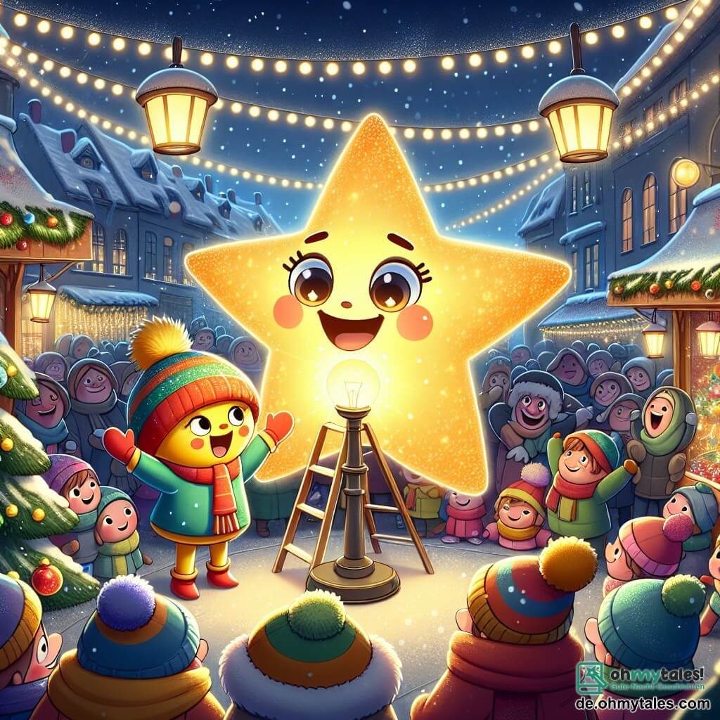 In der Mitte schwebt ein kleiner Weihnachtsstern namens Sternchen mit einem lächelnden Gesicht und funkelnden Augen in der Luft, erleuchtet von einem sanften goldenen Licht. Er ist umgeben von glitzernden Schneeflocken und tanzt fröhlich am Himmel. Rechts von ihm ermutigt Glimmer, ein kleiner, farbenfroher Lichthalter in Lampenform mit strahlendem Lächeln, ihn enthusiastisch mit erhobenen Armen. Im Hintergrund schauen eine Gruppe fröhlicher Kinder, eingehüllt in bunte Schals, fasziniert auf die Szene, ihre Gesichter erleuchtet von der Magie von Weihnachten. Die Kulisse ist ein zauberhafter Weihnachtsmarkt mit Ständen, die mit Lichterketten geschmückt sind, Tannenbäumen, die mit bunten Kugeln geschmückt sind, und einem sternenklaren Nachthimmel, wo der Schnee sanft fällt und eine warme, festliche Atmosphäre schafft. Die Hauptsituation zeigt Sternchen und Glimmer, die die Lichter eines großen Weihnachtsbaums reparieren, während die Kinder und Erwachsenen sie bewundernd anblicken, erfüllt von Aufregung und Freude, und gemeinsam den Geist von Weihnachten feiern.