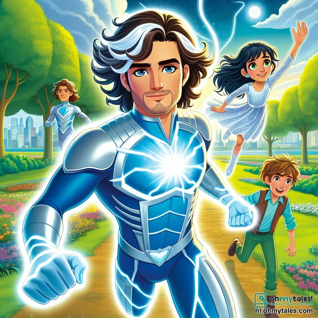 Maximus Bliksem, een man met lang golvend haar, draagt een schitterend superheldenkostuum in blauw en zilver, met een glans in zijn ogen. Hij heeft een vastberaden en zelfverzekerde uitdrukking en werpt een krachtige lichtstraal de lucht in, klaar om het kwaad te bestrijden. Luna, een meisje van ongeveer 10 jaar, heeft lang zwart haar en draagt een zilveren jurk die schittert als de maan. Ze zweeft in de lucht met uitgestrekte armen en kijkt geconcentreerd naar de scène. Sam, een jongen van 9 jaar, heeft rommelig blond haar en een ondeugende glimlach. Hij rent snel om Maximus heen en laat een spoor van licht achter zich, klaar om zijn vriend te helpen. De scène speelt zich af in een groen park in de stad Wonderhaven, waar hoge majestueuze bomen staan en de lucht helderblauw is met donzige witte wolken. Kleurrijke bloemen omringen het pad en in de verte spelen kinderen, onbewust van het dreigende gevaar. De belangrijkste situatie toont Maximus en zijn jonge vrienden die samen staan tegenover de mysterieuze dreigende schaduw die het park in duisternis wil hullen. Samen gebruiken ze hun krachten om de stad te beschermen en het licht te herstellen, wat de kracht van vriendschap en teamwork illustreert.